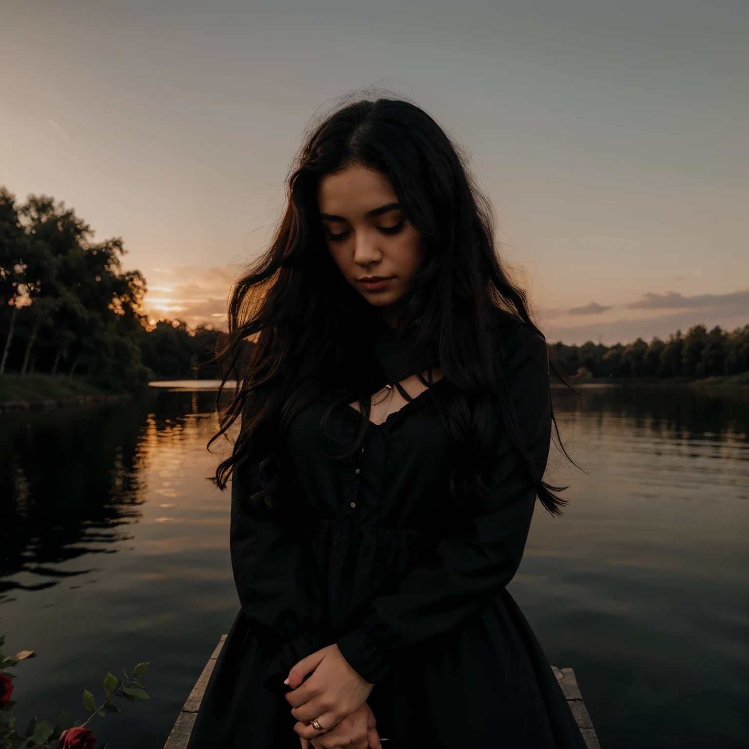 a girl with long black curly hair wearing black dress beside the lake full of black roses and hiding her face with a black rose during sunset