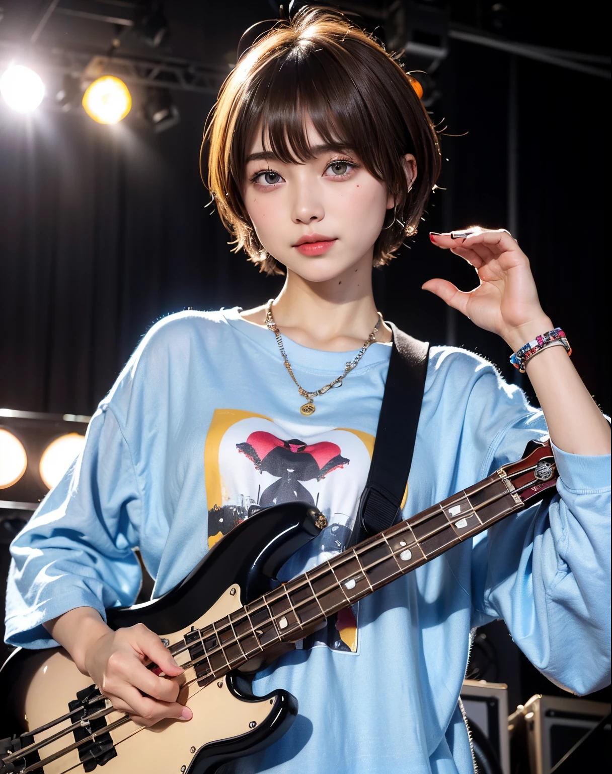 ((top-quality))、(masterpiece:1.4)、Raw photography、8K、((Top image quality))、 ((hight resolution))、Beautiful face in every detail、Realistic human skin、Gentle expression、(One lady:1.3 )、realisitic、Photorealsitic、(extra very short hair:1.4)、(Beautuful Women)、(cute Japanese girls)、(boyish:1.3)、(mannish)、((Pretty Woman))、(Beautiful hair)、((dark brown hair))、(((Red cheeks)))、((Her eyes are big))、20-year-old beauty、(her face is small:1.7)、small head、((long neck))、pale skin、Spot-free skin、With bangs、Everyone longs for、japanese beautiful woman、eight heads high、(a necklace)、(music festival:1.4)、blue-sky、singers、(Concert T-shirt)、smil、(Oversized clothes:1.3)、Happy look、(bass guitar:1.3)、(On stage:1.3)、blue-sky、Stand Microphone、wristbands、A bracelet、