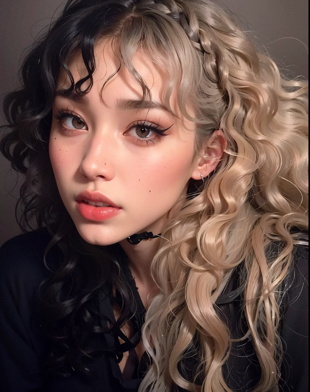 arafed woman with long curly hair and a black shirt, curly bangs, she looks like a mix of grimes, curly bangs and ponytail, resembling a mix of grimes, looks like a mix of grimes, hair whitebangs hair, messy bangs, fluffy bangs, half & half hair dye, with curly black and silver hair, two color hair, with bangs