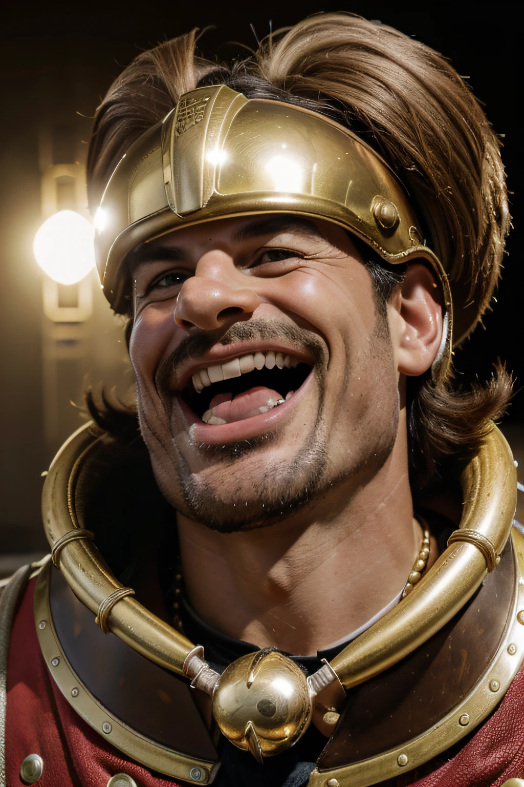 high quality portrait, gaulois qui rit, style cartoon, asterix style, moustache marron, cheveux marron, yeux marrons, rigole, laughing, mouth wide open, to the gorge deployée, strong laughing, laughing out loud, normal neck, casque gaulois, metallic gallic helmet, from below