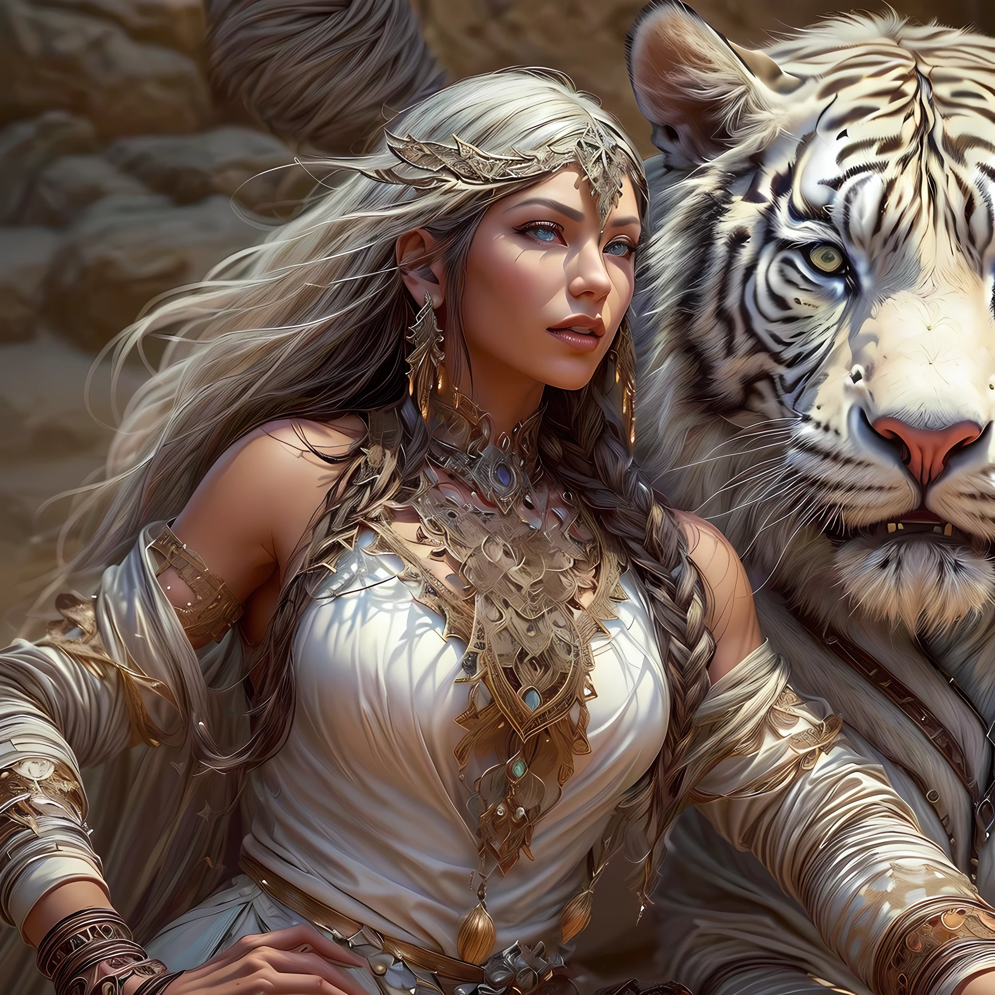 high details, best quality, 8k, [ultra detailed], masterpiece, best quality, (extremely detailed), dynamic angle, ultra wide shot, RAW, photorealistic, fantasy art, dnd art, rpg art, realistic art, a wide angle picture of a female human druid and her pet white tiger, priest of nature, cleric of nature, full body, [[anatomically correct]]. knelling woman (1.5 intricate details, Masterpiece, best quality) talking to a white tiger (intricate details, Masterpiece, best quality: 1.5) in desert (intricate details, Masterpiece, best quality: 1.5), a female wearing leather clothes ( (intricate details, Masterpiece, best quality: 1.4) leather boots, thick hair, long hair, brown hair, tan skin intense brown eyes, desert background (intense details), a stream flowing in an oasis ( (intricate details, Masterpiece, best quality: 1.5), night, moon light, stars ( (intricate details, Masterpiece, best quality: 1.5)), dynamic angle, (intricate details, Masterpiece, best quality: 1.5)) 3D rendering, high details, best quality, highres, ultra wide angle, glowing particle