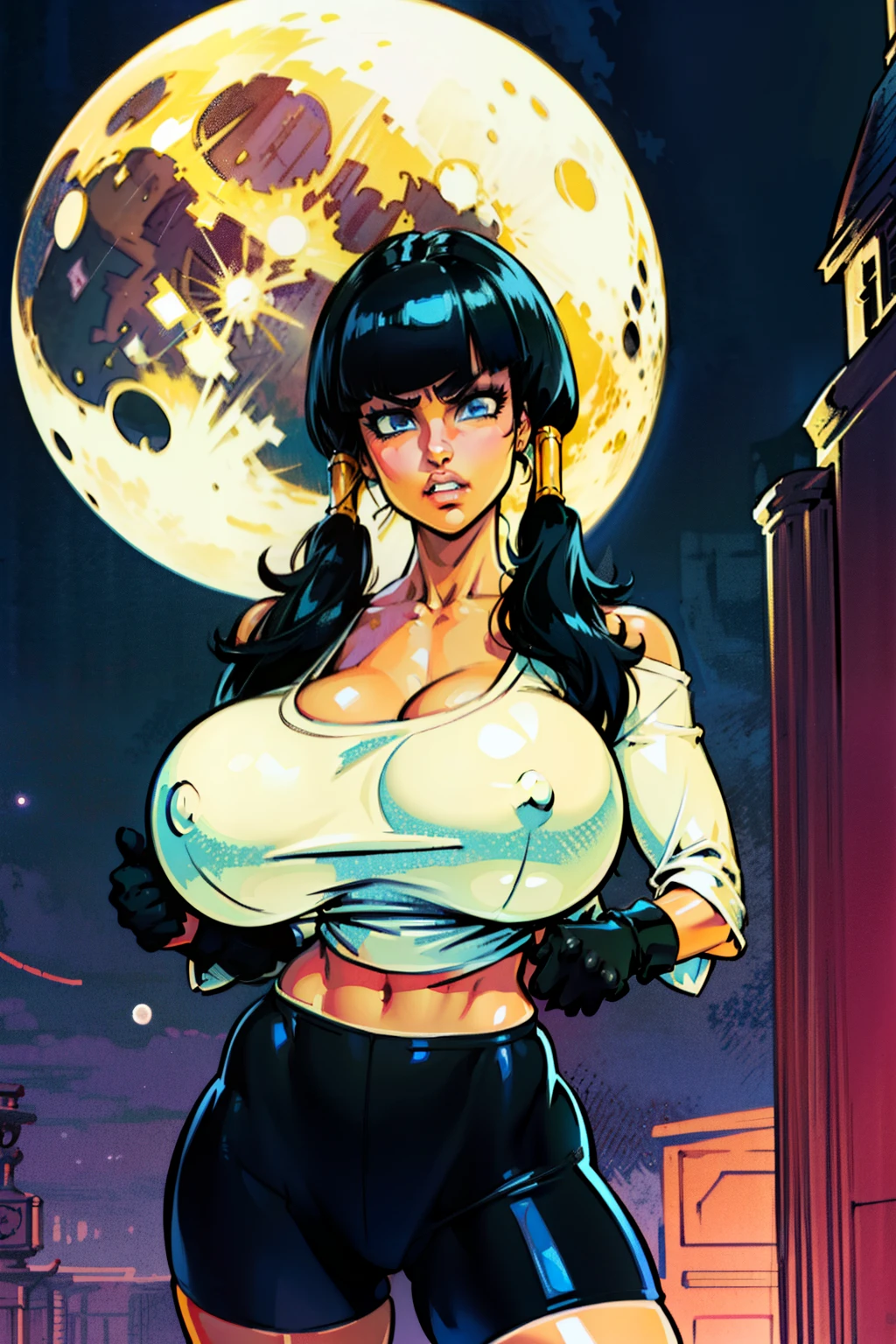 Waifu, masterpiece, curvy, breasts, moon, full moon, gloves, 1girl, clenched teeth, videl, cleavage, large breasts, teeth, ((straight black hair)), ((white top:1.3)), blue eyes, rating:explicit,rule34, hardcore, tits,clenched hands, night, sky, ((side bangs:1.4)), (white skin:1.5), bare shoulders, blue hair, clenched hand, rating:questionable, ((low twintails:1.5)), ((black tight shorts)), solo, angry, lip biting(gigantic and massive tits:1.1), breasts, official illustration, illustration, detailed face, beautiful intricate eyes,1:2), titsnipples
