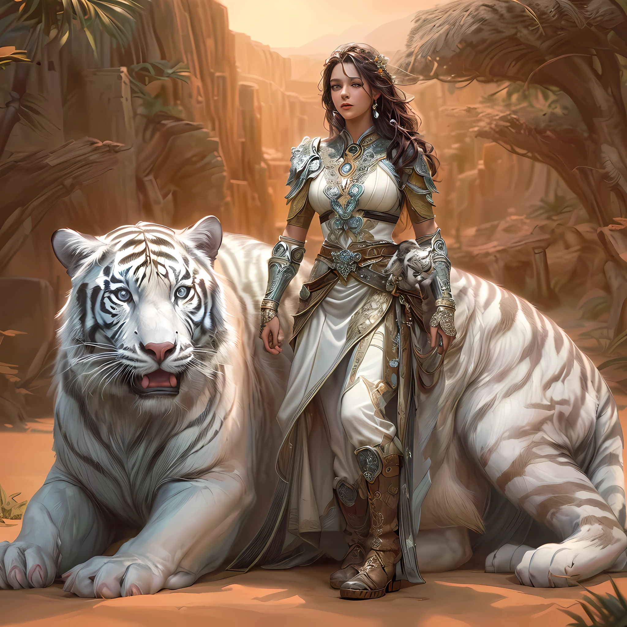 high details, best quality, 8k, [ultra detailed], masterpiece, best quality, (extremely detailed), dynamic angle, ultra wide shot, RAW, photorealistic, fantasy art, dnd art, rpg art, realistic art, a wide angle picture of a female human druid and her pet white tiger, priest of nature, cleric of nature, full body, [[anatomically correct]]. knelling woman (1.5 intricate details, Masterpiece, best quality) talking to a  white tiger (intricate details, Masterpiece, best quality: 1.5) in desert  (intricate details, Masterpiece, best quality: 1.5), a female  wearing leather clothes ( (intricate details, Masterpiece, best quality: 1.4) leather boots, thick hair, long hair, brown hair, tan skin intense brown eyes, desert background (intense details), a stream flowing in an oasis ( (intricate details, Masterpiece, best quality: 1.5), night, moon light, stars ( (intricate details, Masterpiece, best quality: 1.5)), dynamic angle,  (intricate details, Masterpiece, best quality: 1.5)) 3D rendering, high details, best quality, highres, ultra wide angle