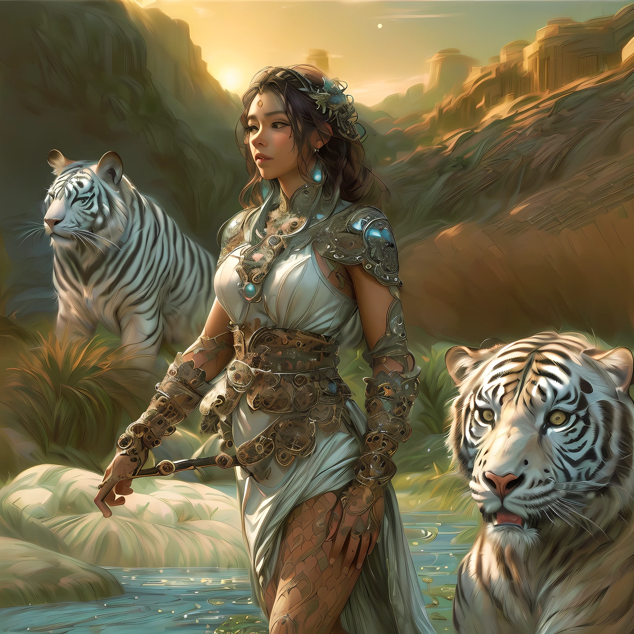 high details, best quality, 8k, [ultra detailed], masterpiece, best quality, (extremely detailed), dynamic angle, ultra wide shot, RAW, photorealistic, fantasy art, dnd art, rpg art, realistic art, a wide angle picture of a female human druid and her pet white tiger, priest of nature, cleric of nature, full body, [[anatomically correct]]. knelling woman (1.5 intricate details, Masterpiece, best quality) talking to a  white tiger (intricate details, Masterpiece, best quality: 1.5) in desert  (intricate details, Masterpiece, best quality: 1.5), a female  wearing leather clothes ( (intricate details, Masterpiece, best quality: 1.4) leather boots, thick hair, long hair, brown hair, tan skin intense brown eyes, desert background (intense details), a stream flowing in an oasis ( (intricate details, Masterpiece, best quality: 1.5), night, moon light, stars ( (intricate details, Masterpiece, best quality: 1.5)), dynamic angle,  (intricate details, Masterpiece, best quality: 1.5)) 3D rendering, high details, best quality, highres, ultra wide angle