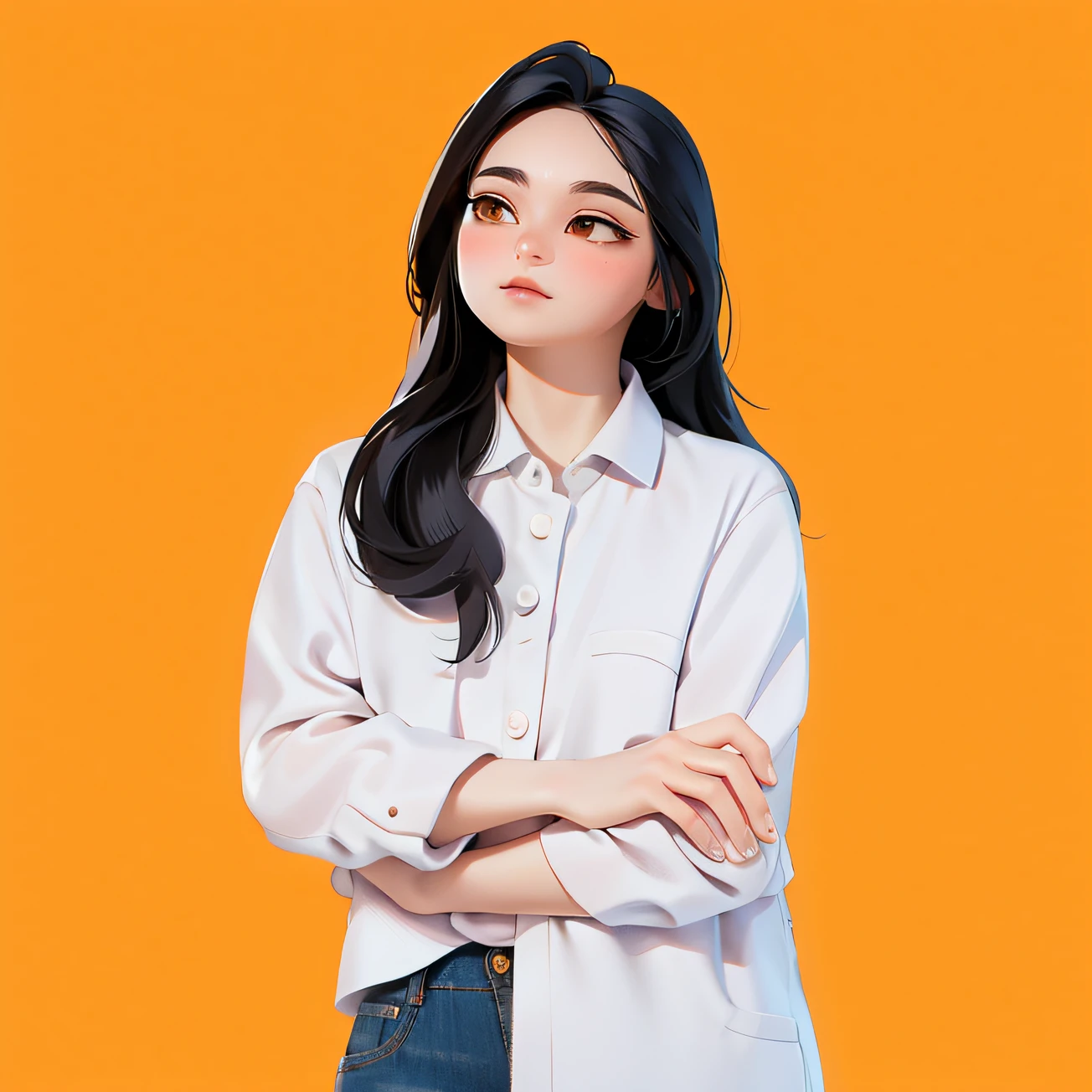 Arafad woman in white shirt and jeans standing with arms crossed, li zixin, in front of orange background, Xision Wu, pengzhen zhang, xintong chen, wenfei ye, Lei Min, lulu chen, xiaofan zhang, zhelong xu, yun ling, chengyou liu, wei wang, louise zhang, lu ji