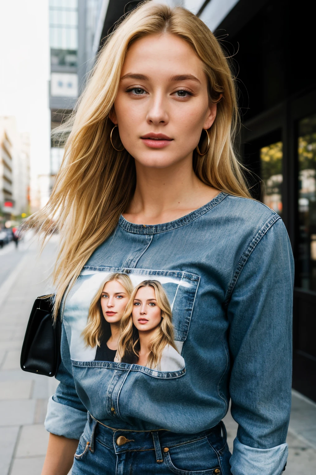 ((best quality)), ((masterpiece)), (detailed), perfect face, a 21 year women stanning in a street of los angels big buildings ,natural lights, wearing good cloths with jeans, blonde hair , detailed skin , detailed eyes, detailed face, with a bag , detailed fingers , detailed bag Streep , black t shirt, detailed eyes , front face , wearing heels , front face
