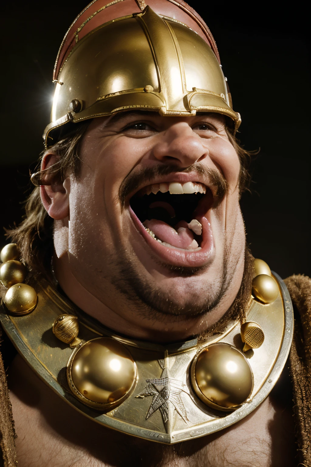 high quality portrait, gaulois qui rit, style cartoon, asterix style, moustache marron, cheveux marron, yeux marrons, rigole, laughing, mouth wide open, to the gorge deployée, strong laughing, laughing out loud, normal neck, casque gaulois, small metallic gallic helmet, from below
