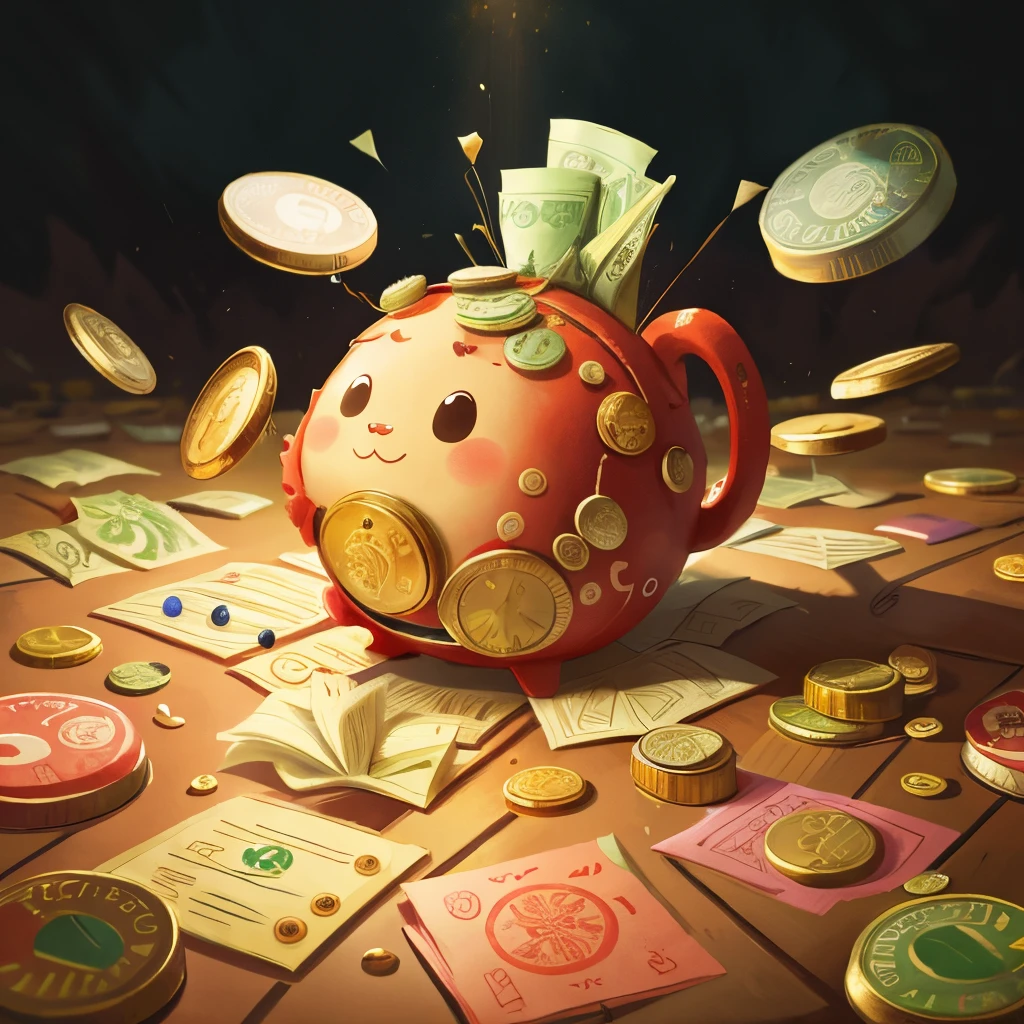 Many coins and banknotes are falling