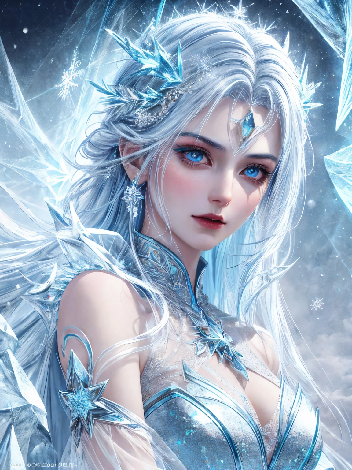 "An Ice Fairy, a graceful and serene being who wields the power of ice and snow. She has hair that is pure white or a pale blue, reminiscent of freshly fallen snow, and wings that sparkle like intricate ice crystals. Her eyes are a cool, luminous blue, shining with the cold clarity of frozen lakes. She appears to be in her late teens, though her actual age is unknown, giving her an ethereal, timeless quality. Her outfit is modest, made of translucent, icy fabric that glows like frozen mist, emphasizing her connection to the cold. Her expression is calm and composed, with a subtle, reserved smile. Her facial features are delicate and perfectly balanced, radiating an icy beauty. New Ice Fairies are born from icicles in frigid lands or within ice caves, emerging to embody the pure, protective power of the cold."