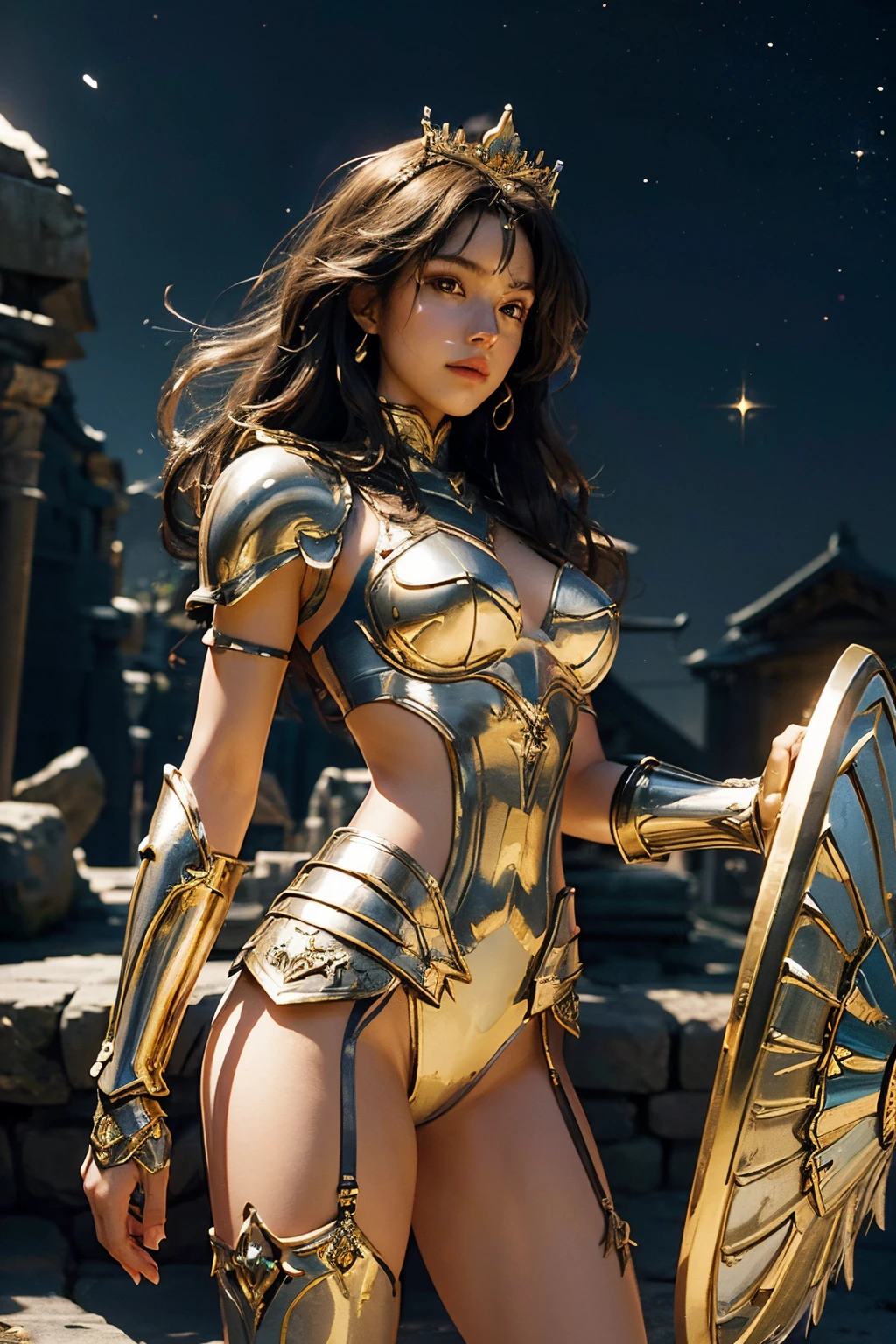 fully body photo,(best qualtiy), (1girll), starryskybackground, crown, turn back, show her butt, holding shield, in ancient temple, Wearing shiny gold armor, Sexy lingerie type armor,Expose your chest,Expose the waistline,Exposing thighs,cool-pose, Saint Seiya Armor, messy hair,high detal, Cinematic lighting, Sparkle, god light, Ray traching, filmgrain, hyper HD, textureskin, super detailing, Anatomical correct, A high resolution,Ultra-high saturation,hight contrast,High-gloss armor,Smooth skin,Serious expressions