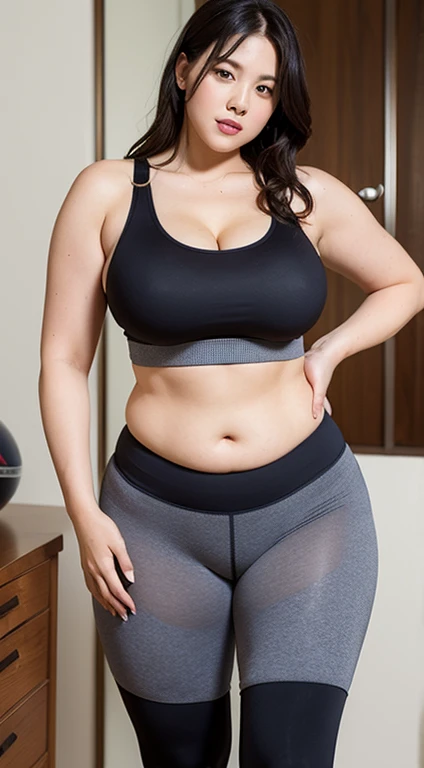 sexy bbw mature woman, beautiful face, big breasts, sexy big ass, sexy thighs, tall body, wearing a sports bra, wearing transparent sports leggings