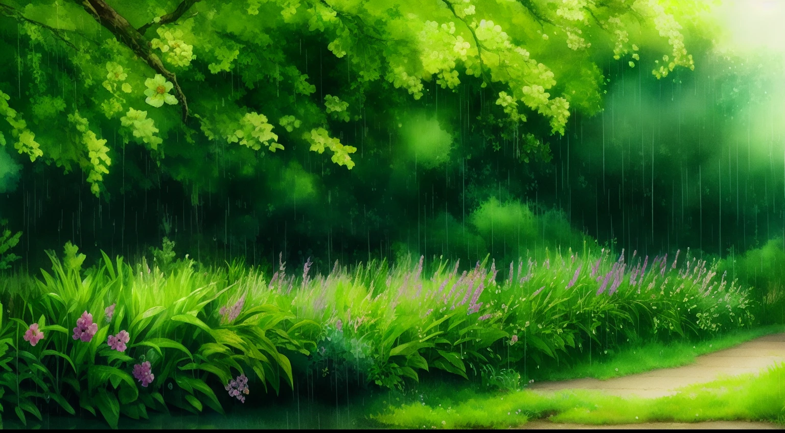 (a beautiful ghibli-inspired scene with a rainy environment),illustration,pencil sketch,realistic,watercolor effect,soft colors,enchanted ambience,raindrops falling on leaves,water reflections,subtle mist and fog,whimsical atmosphere,detailed textures,expressive brushstrokes,ethereal lighting,anime characters playing in the rain,rain-soaked flowers,dewdrops on grass,gentle breeze,serene and peaceful scenery,calming sound of rain,umbrellas and raincoats,tranquil garden with vibrant vegetation,artistic interpretation of nature