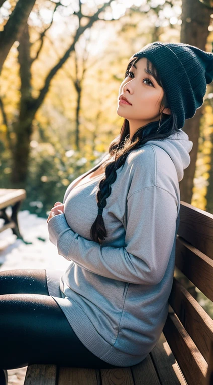 Beautiful sensual woman with a curvy body, long hair, bangs, french braid, wide waist, fitting breasts, curvy accentuated booty, sparkling eyes, long eyelashes, Strong calves, shy Look, taniaayusiregar, hoodie, leggings, sneakers, beanie, sitting on a bench, standing in a snowy forrest, looking up, evening in Winter, photorealistic, Masterpiece, bokeh, Volumetric lighting, winter season atmosphere, low angle shot