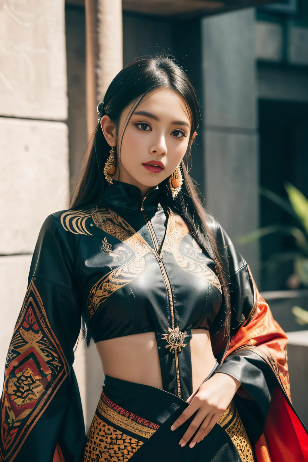 An Indonesian-styled futuristic suit worn by a girl depicting cultural fusion and modern fashion. The suit is adorned with intricate patterns and vibrant colors, showcasing the rich heritage of Indonesia. The girl stands confidently in a dynamic pose, with her detailed eyes reflecting determination and curiosity. The suit's material is a combination of traditional textiles and futuristic synthetic fabrics, giving it a unique and avant-garde appearance. The overall image quality is of the highest standard, with sharp focus and ultra-detailed rendering. The artwork employs physically-based rendering techniques, resulting in realistic lighting and shadows. The colors are vivid and vibrant, capturing the essence of Indonesian cultural aesthetics. The background features a fusion of modern architecture and traditional elements, creating a harmonious blend of the past and the future. The prompt explores the intersection of Indonesian culture, futuristic design, and the artistic representation of a confident girl.