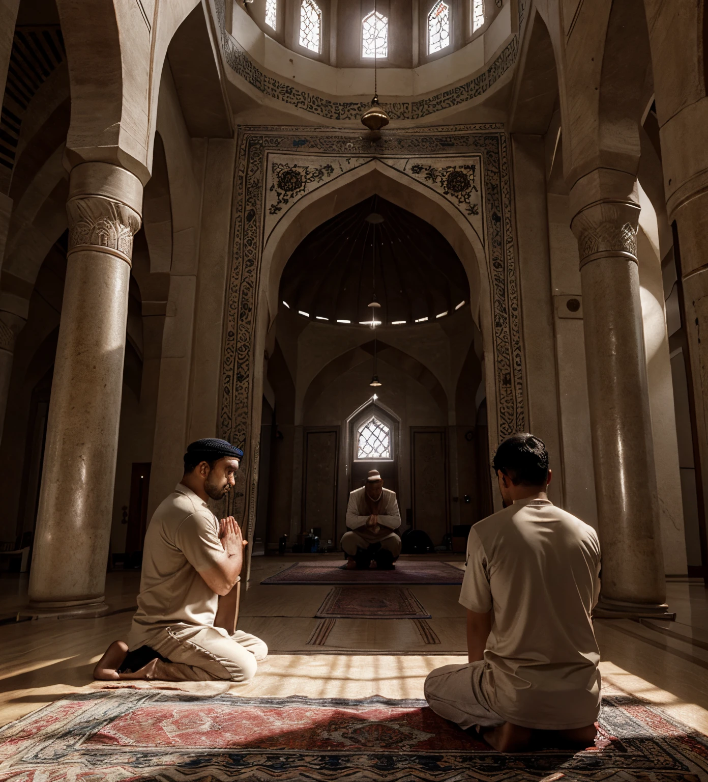 Inside of a mosque, ten men’s are praying on the knees, one naked Muslim girl is standing in the middle