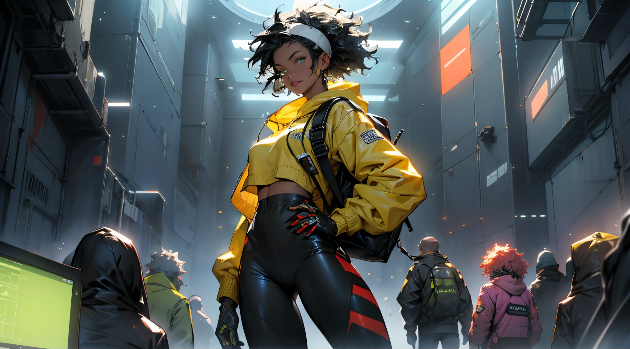 RAW, Masterpiece, Super Fine Photo, Ultra High Resolution, Photorealistic, Sunlight, Full Body Portrait, Stunningly Beautiful, Dynamic Poses, Delicate Face, Vibrant Eyes, solo, diverse group of friends, solo, deep ebony 1girl, black girl, beautiful face, curly afro hair, black lips, a female character is wearing a yellow and black colored top outfit with a backpack and a yellow hoodie jacket, black, yellow and white sports leisure, yellow futuristic smart goggles, clear lens, green eyes, leggings pants, long hair, diamond earrings, cybernetically enhanced, A group of close friends chatting in an office break room. Focus on a young woman with curly black hair wearing a stylish yellow and black top. She smiles vibrantly surrounded by her supportive friends, having an uplifting conversation. Composition shows their tight-knit community and positive energy through body language and bright, welcoming colors, and a yellow hoodie jacket, black, yellow and white sports leisure, yellow futuristic smart goggles, clear lens, green eyes, leggings pants, long hair, diamond earrings, cybernetically enhanced, she is standing in front of spaceships and satellites, starry night sky, pigeoncore, neo-dadaist, Asuka Langley, neon genesis EVA suit, mechanized precision, space crew member, she holds an important position, in crowd spectator at a tech conference in the style of mecha sci-fi anime, 8k, best quality, highres, Unreal Engine:1.4,Ultra-realistic 64K CG, Photorealista:1.4, Skin Texture:1.4, Volumetric fog, 8k uhd, dslr, high quality, film grain, fair skin, photorealism, lomography, sprawling metropolis in a futuristic dystopia, translucent, safe for work