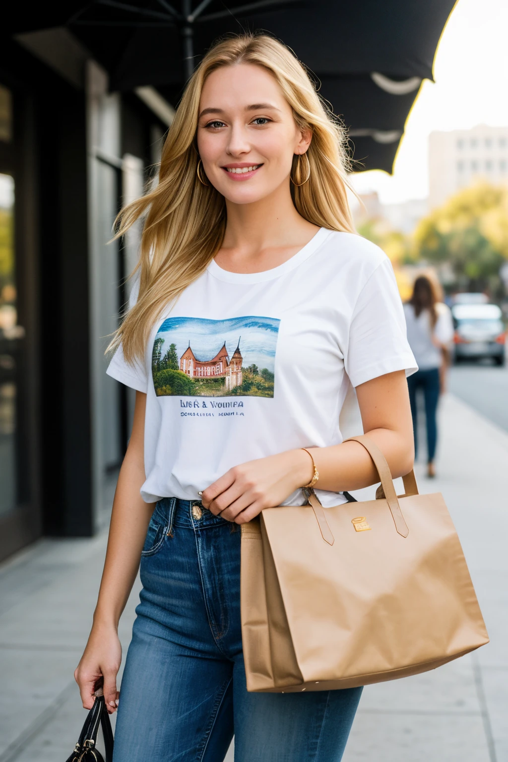 ((best quality)), ((masterpiece)), (detailed), perfect face, a 21 year women stanning in a street of los angels big buildings ,natural lights, wearing good cloths with jeans, blonde hair , detailed skin , detailed eyes, detailed face, with a bag , detailed fingers , detailed bag Streep , black t shirt, detailed eyes , front face , wearing heels , front face , full 8k realistic photo, clear open eyes, smiley face,
