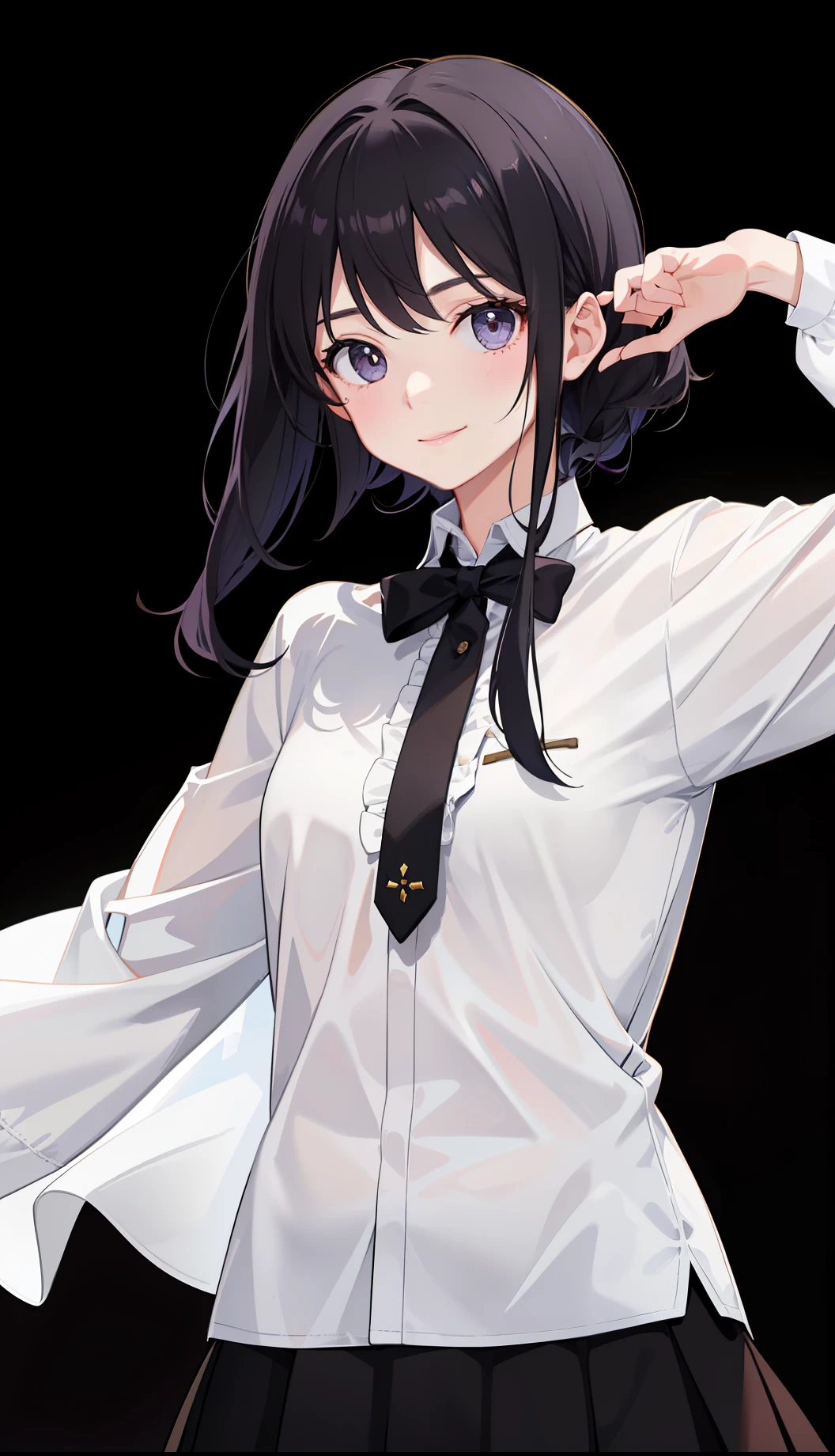 1girl in、AS-Adult、A smile、Light in the eyes、The shirt、Blouse、pleatedskirt、(small tits)Chilarism、Sheer Bra、Show bread、movement、Upper body portrait、