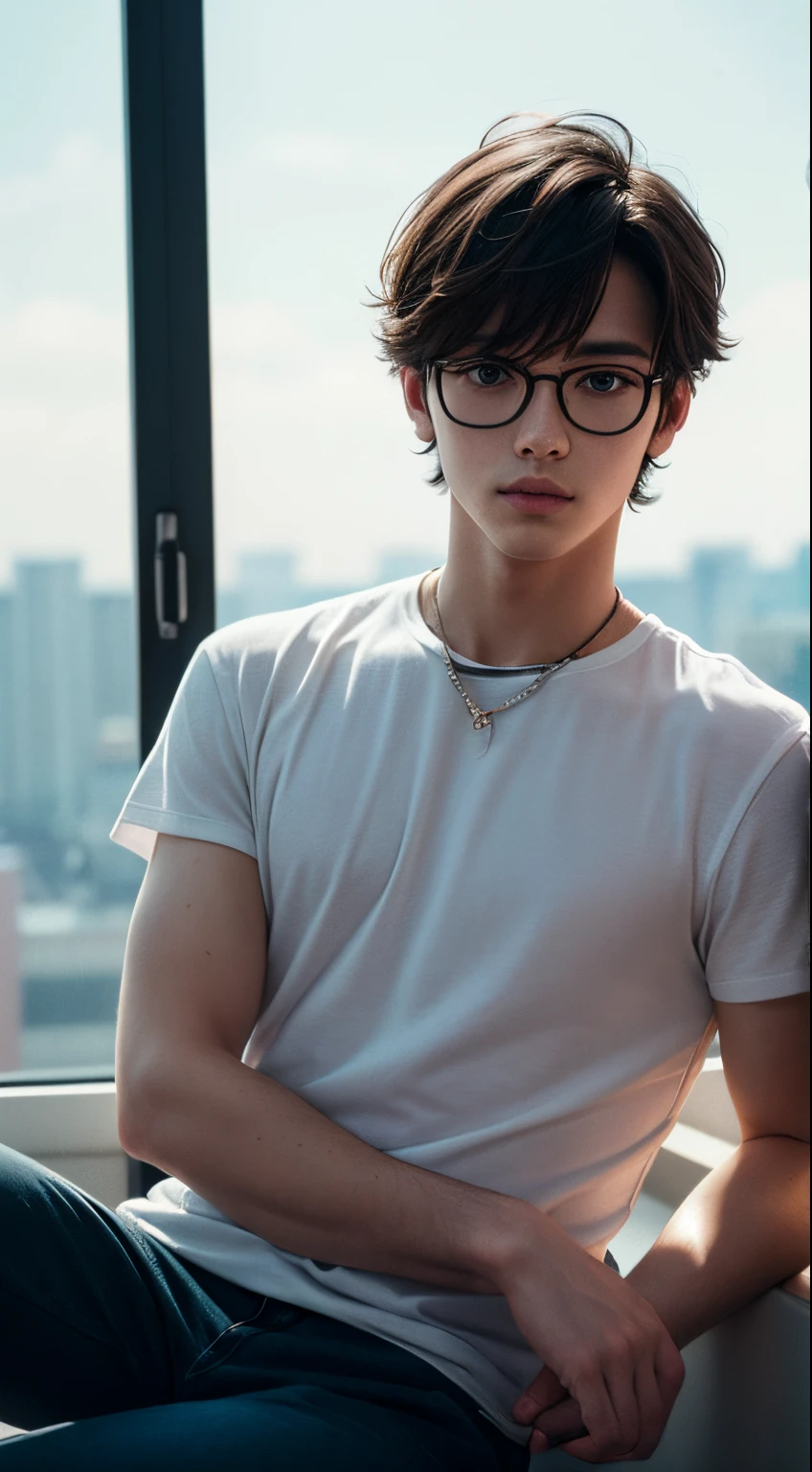 homem adolescente, cabelos curtos, cabelos pretos, square glasses, roupas pretas.