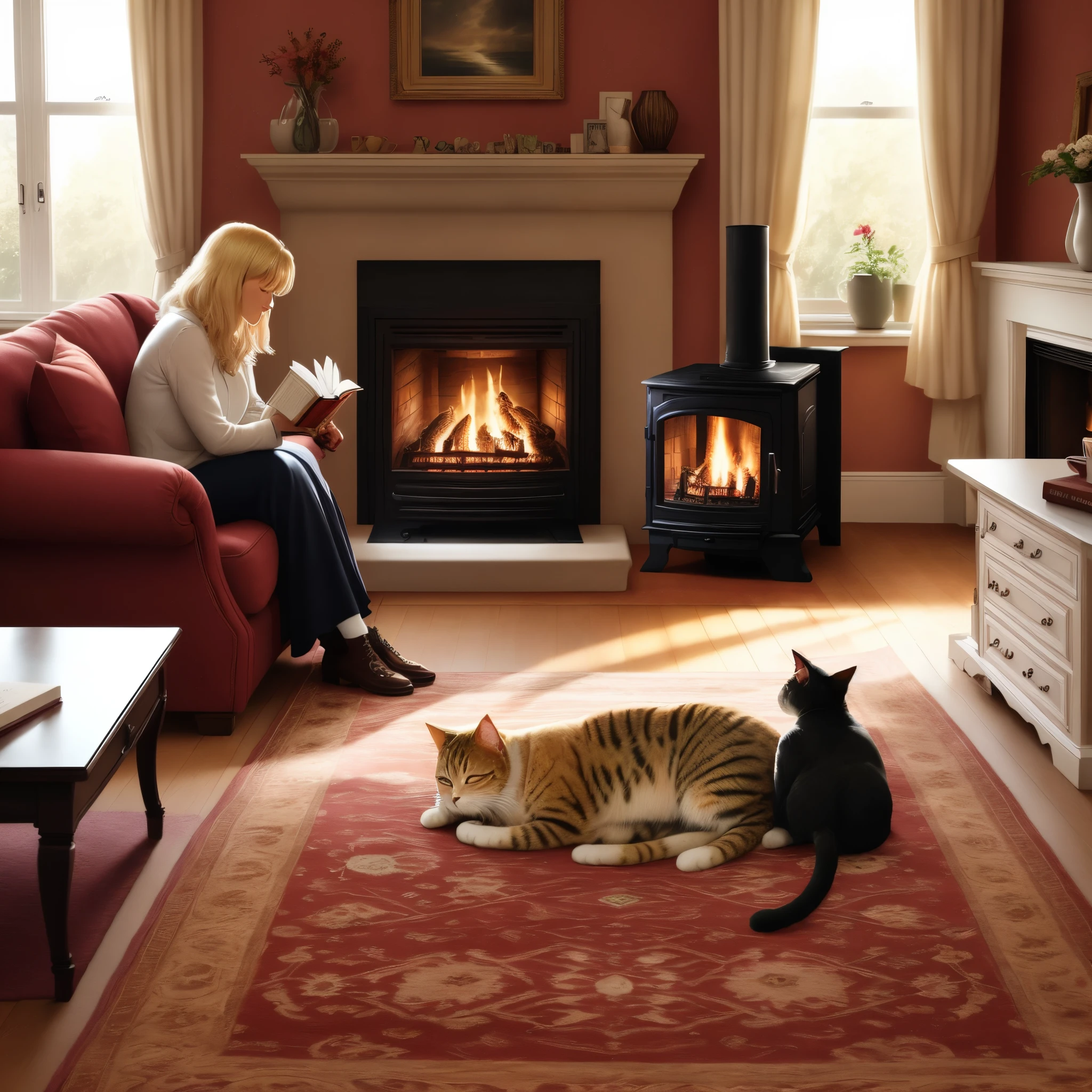 A 40-year-old lady with blonde hair is reading a book on the sofa next to the fireplace, and there is a glass of coffee on the table in front of her, while the sun is shining through the window on her face, and a cat is sleeping by the fireplace, and an old carpet that is colored It is red and there is a picture of running horses on the fireplace.