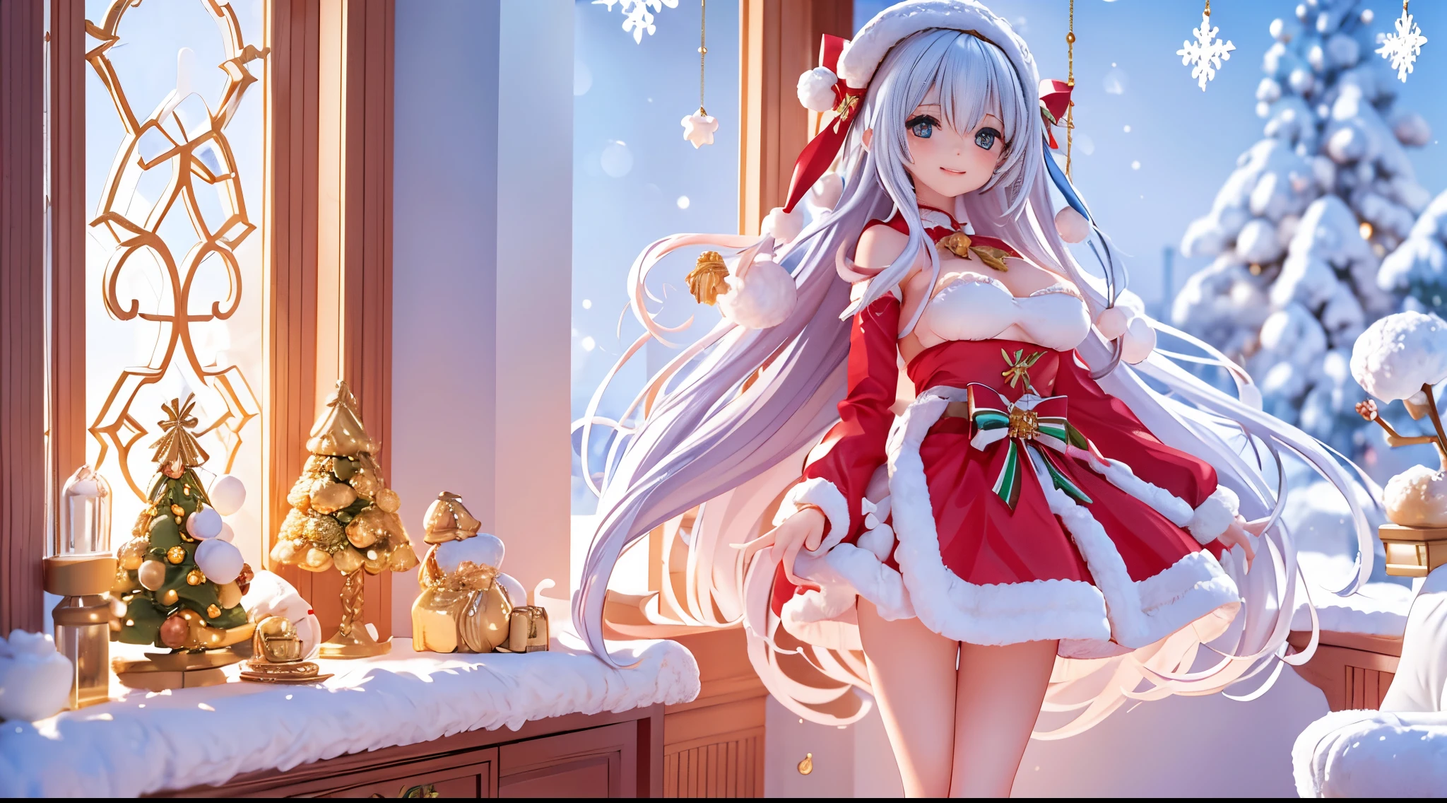 wearing a beautiful santa costume,girl with, a smile,Many FIR complex designs,Slim body, ample breasts, thin waist.A magical cozy space filled with gorgeous Christmas decorations, The contrast between warm light and cold blue Take in the winter wonderland outside from the large windows,CG quality,8K,masuter piece,