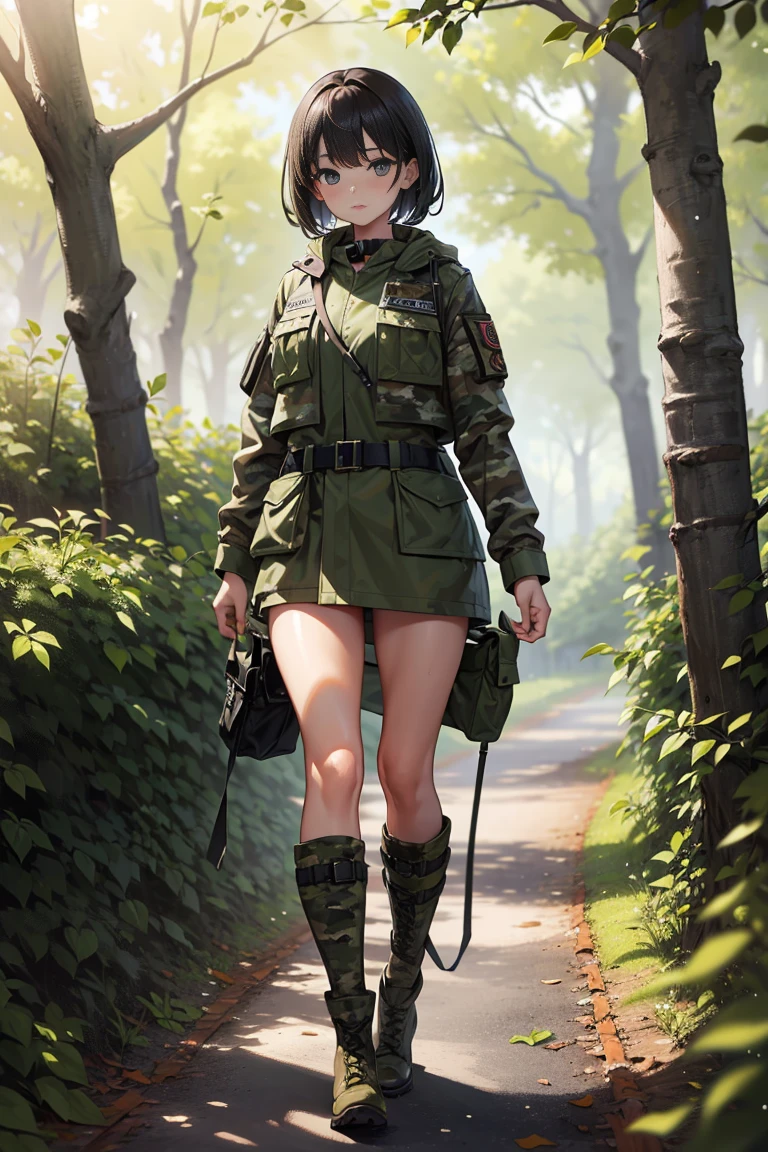 a 1girl, Masterpiece, hiquality, beatiful face, pretty eyes, unzipped wet camouflage jacket, wet skin, wet hair, ((Naked)), ((Army boots)), Walking through the woods, Sateen, full - body