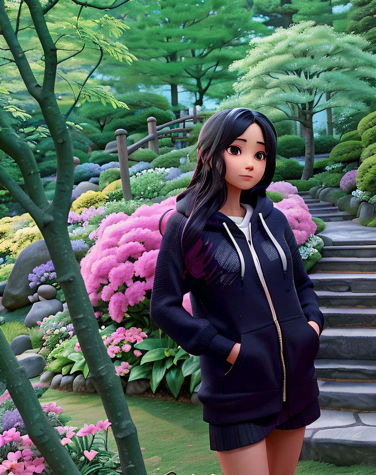 there is a woman standing in front of a set of stairs, in japanese garden, in garden, black haired girl wearing hoodie, in the garden, lush surroundings, profile image, inspired by Sawa Sekkyō, wearing a hoodie and flowers, ayamin kojima, photo taken in 2 0 2 0, inspired by Sakai Hōitsu, profile photo