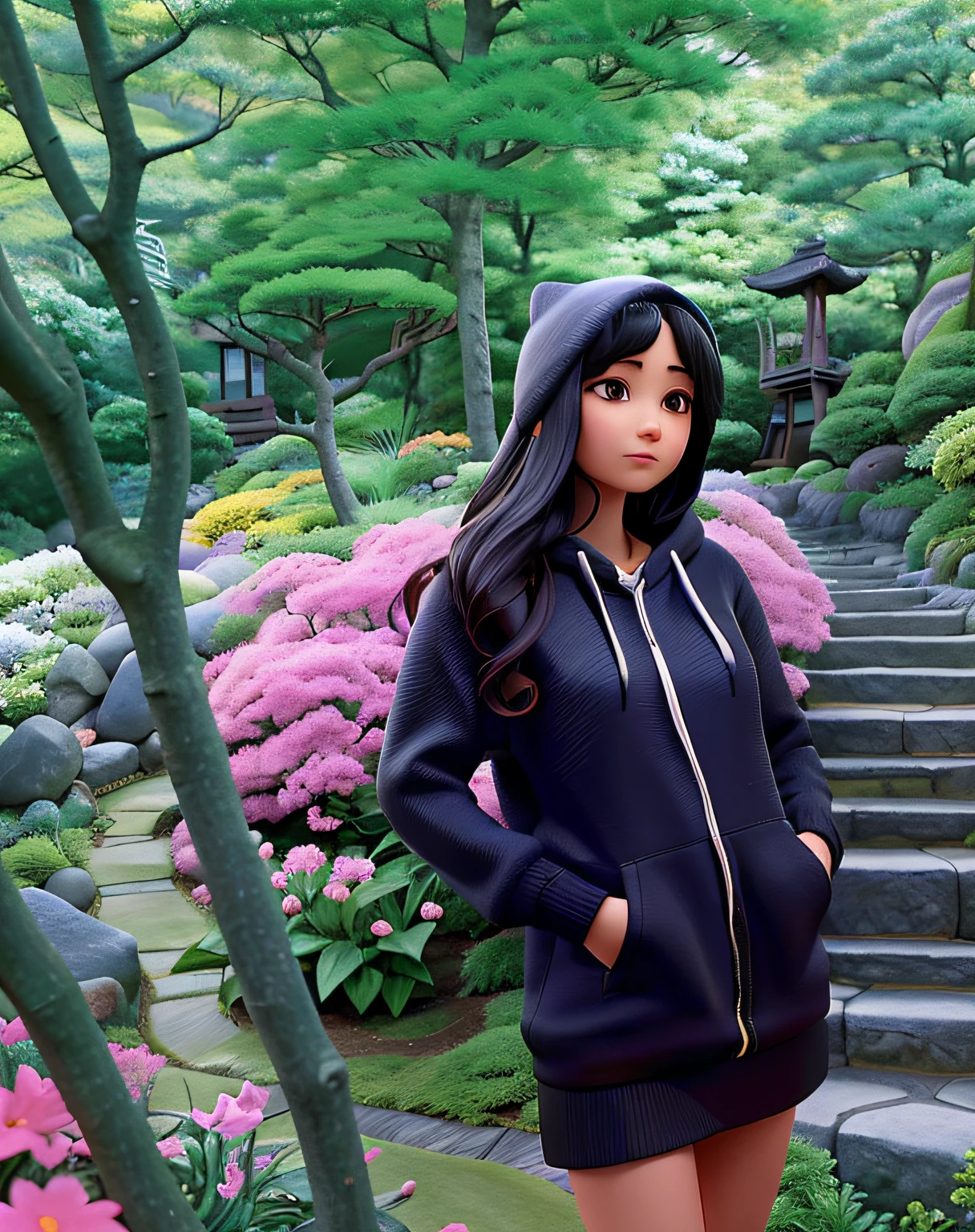 there is a woman standing in front of a set of stairs, in japanese garden, in garden, black haired girl wearing hoodie, in the garden, lush surroundings, profile image, inspired by Sawa Sekkyō, wearing a hoodie and flowers, ayamin kojima, photo taken in 2 0 2 0, inspired by Sakai Hōitsu, profile photo