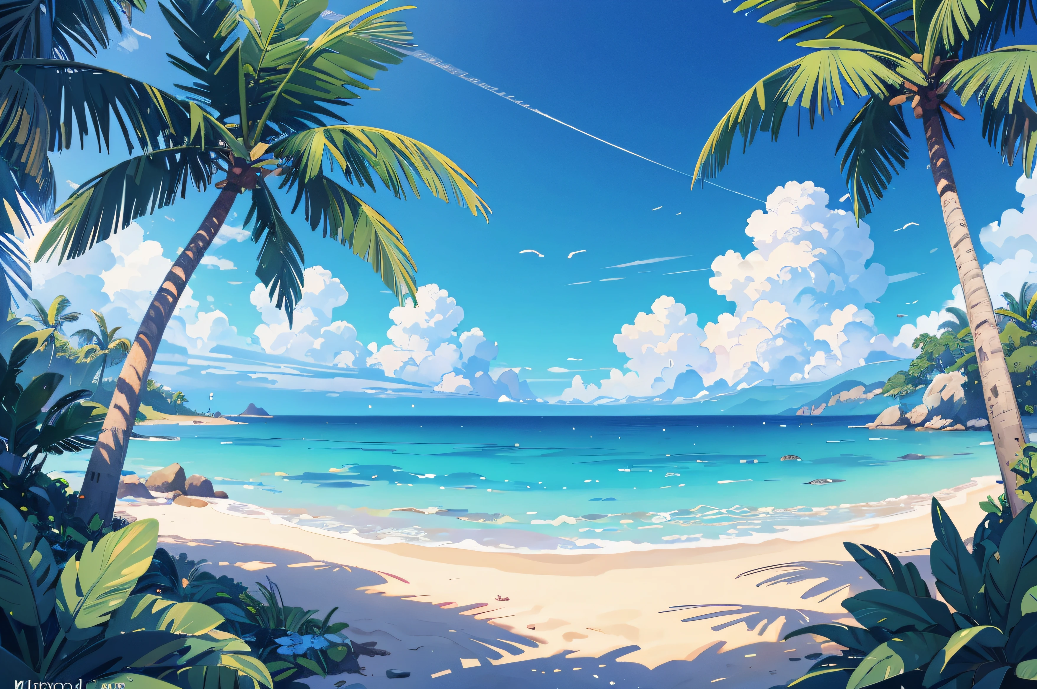 (illustrations : 1.0), Epic composition, photorealistic lighting, HD detail, ​masterpiece, Best quality at best, (Highly detailed CG integrated 8k wallpaper) , blue sky, blue ocean, The sea seen from the coastal forest, palm tree in the middle of the screen