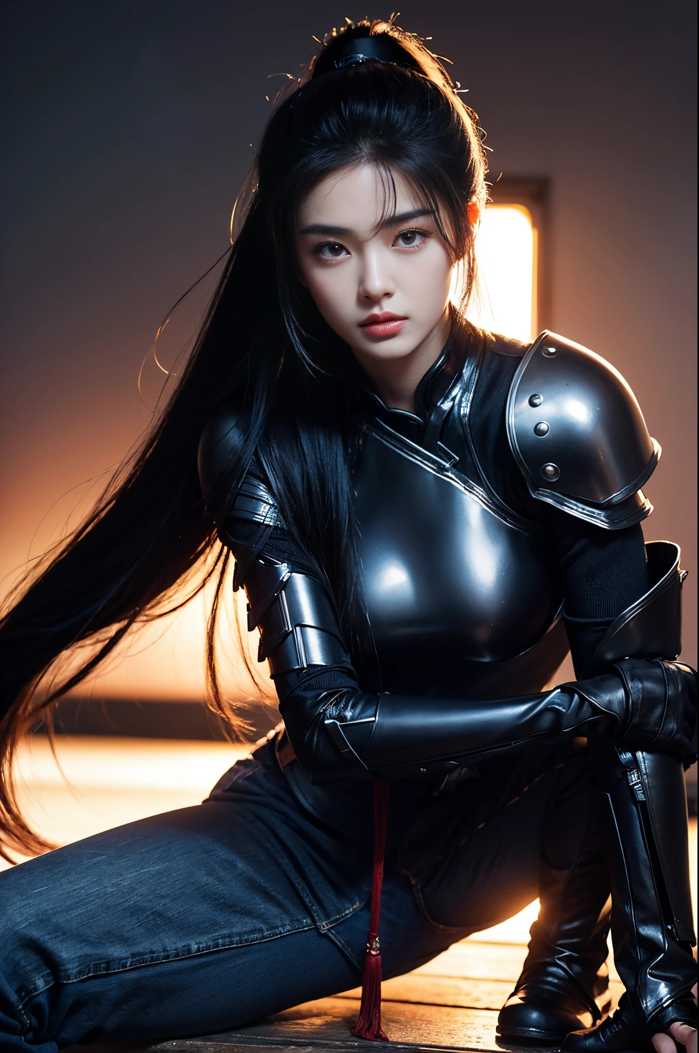 Chinese woman, 20yr old, Handsome and sexy,black soldier costume,joint armor,Black Jeans,Black boots,DAY TIME,sideways standing, Calm and indifferent, Detailed body, Detailed faces, oily body, gorgeous one, hyper realisitc, Handsome and charming, heroic look, Long ponytail hairstyle,With long bangs,Amazing amount of hair,Flowing hairstyle,ambientlighting,detailedbackground,Volumetriclighting,cellshading,8K