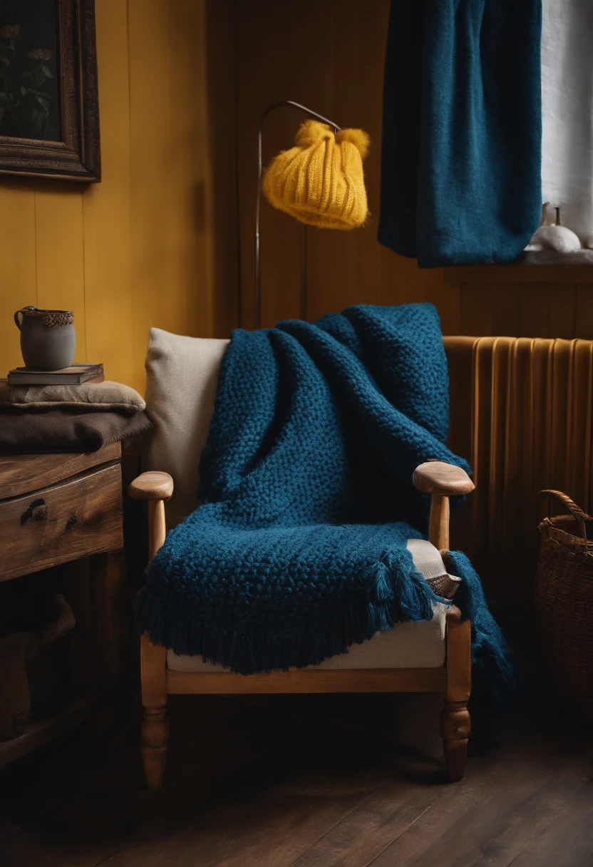 A snapshot of a cozy, handcrafted wooden armchair with a soft, fluffy pillow and a knitted throw blanket.,original,Blue and yellow Swedish warehouse. , male