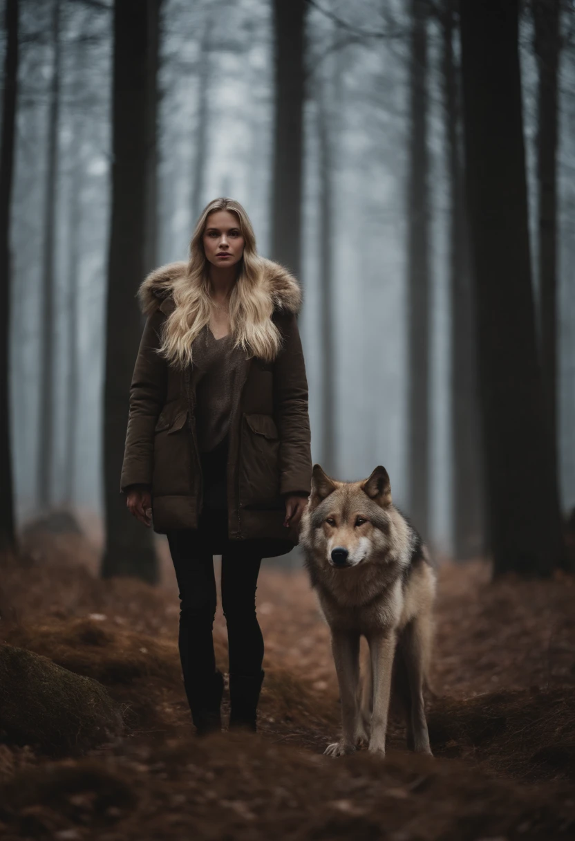 Blonde girl in the cold forest,Next to it is a big brown wolf.
