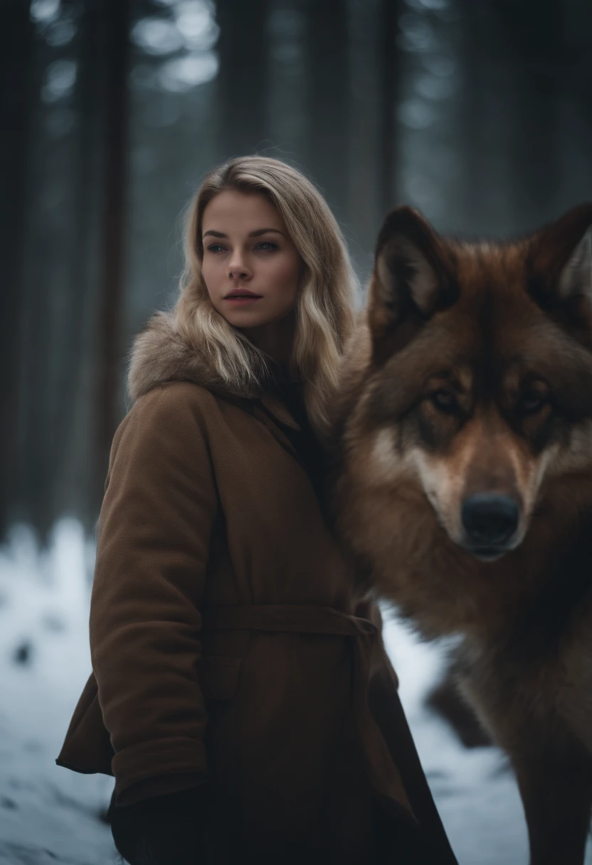Blonde girl in the cold forest，Next to it is a big brown wolf.