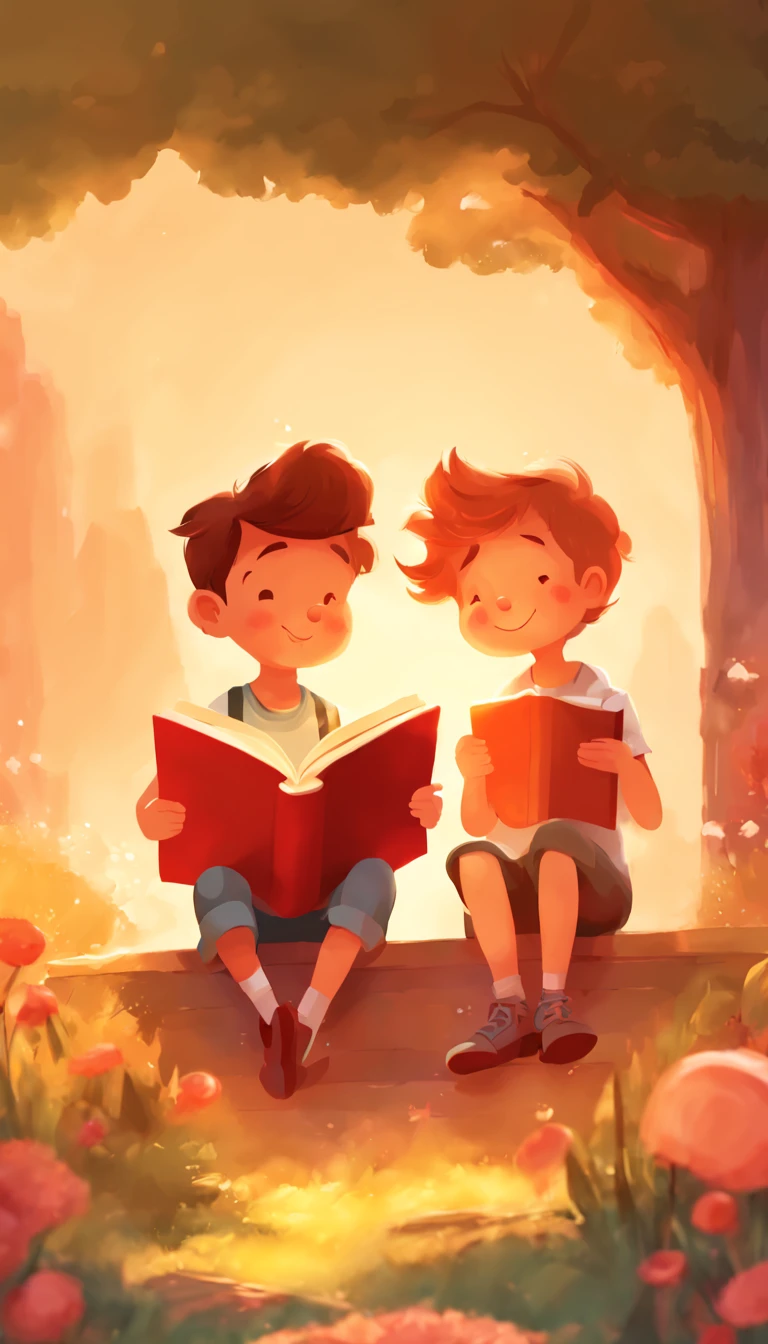 Two cartoon kids reading a book,Children's illustration style, dreamy background,16k, tmasterpiece, Studio quality