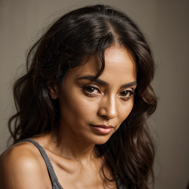 an old money, beautiful woman who’s ethiopian. she’s in her late 60s but looks younger. she has narrow eyes, a small nose, full lips, slim figure due to her former modeling career, long lashes, defined jawline, high cheekbones, long dark and grey curly hair, and despite being old she has little to no wrinkles.
