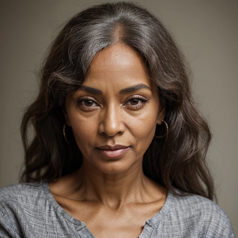 an old money, beautiful woman who’s ethiopian. she’s in her late 60s but looks younger. she has narrow eyes, a small nose, full lips, slim figure due to her former modeling career, long lashes, defined jawline, high cheekbones, long dark and grey curly hair, and despite being old she has little to no wrinkles.