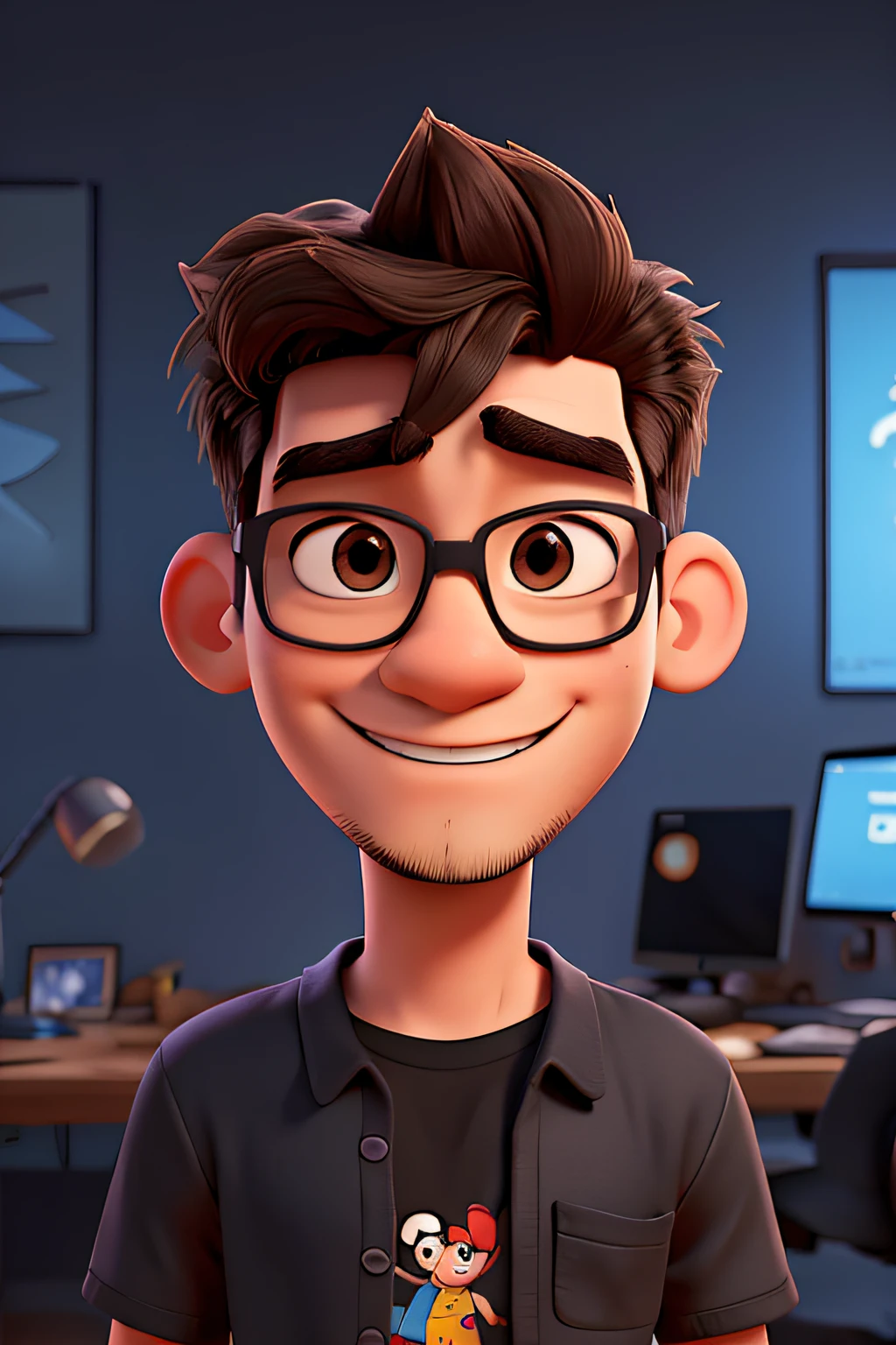 disney pixar, 25 years old, with cool nerdy glasses, with goatee beard, portrait half body, a thin filipino boy, web developer, with black shirt with developer in his shirt, selfie half body in dubai background