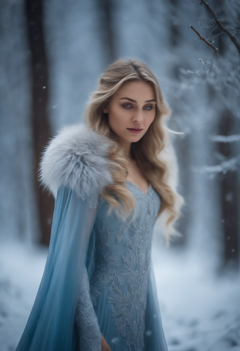 A girl with blond hair in a icy forest, accompanied by a majestic brown wolf. (best quality,4k,8k,highres,masterpiece:1.2),ultra-detailed,(realistic,photorealistic,photo-realistic:1.37), HDR, UHD, studio lighting, extreme detail description, professional, vivid colors, bokeh, illustrations, wintry landscape, misty atmosphere, serene and tranquil mood, glistening snowflakes, frost-covered trees, sparkling icicles, ethereal lighting, snow-covered ground, intricate details on the girl's gown, icy blue color palette, mysterious and magical ambiance