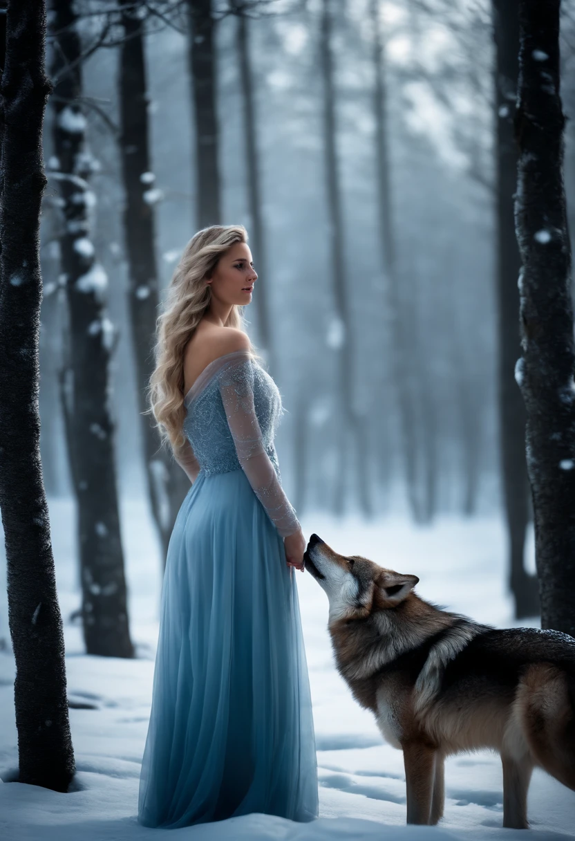A girl with blond hair in a icy forest, accompanied by a majestic brown wolf. (best quality,4k,8k,highres,masterpiece:1.2),ultra-detailed,(realistic,photorealistic,photo-realistic:1.37), HDR, UHD, studio lighting, extreme detail description, professional, vivid colors, bokeh, illustrations, wintry landscape, misty atmosphere, serene and tranquil mood, glistening snowflakes, frost-covered trees, sparkling icicles, ethereal lighting, snow-covered ground, intricate details on the girl's gown, icy blue color palette, mysterious and magical ambiance