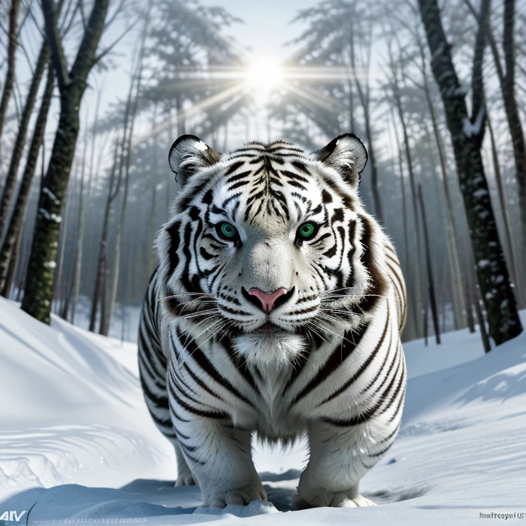 White Tiger,illustration,striking,eyes shining brightly,sharp claws,fierce expression,beautiful stripes,powerful stance,revered symbol, majestic,graceful movements,luminous eyes,keen senses,muscular body,regal presence,breathtakingly beautiful,roaring in the jungle,ferocious hunter,creature of mystery,rare and endangered,protection and preservation,Himalayan mountains,wild and untamed,natural habitat,blending into snowy landscape,holistic balance,predator and prey,hidden camouflaged,stealthy movements,-(best quality,4k,8k,highres,masterpiece:1.2),ultra-detailed,(realistic,photorealistic,photo-realistic:1.37),HDR,UHD,studio lighting,ultra-fine painting,sharp focus,physically-based rendering,extreme detail description,professional,vivid colors,anthropomorphic,animated style,intense contrast,ethereal glow,soft lighting,mystical atmosphere