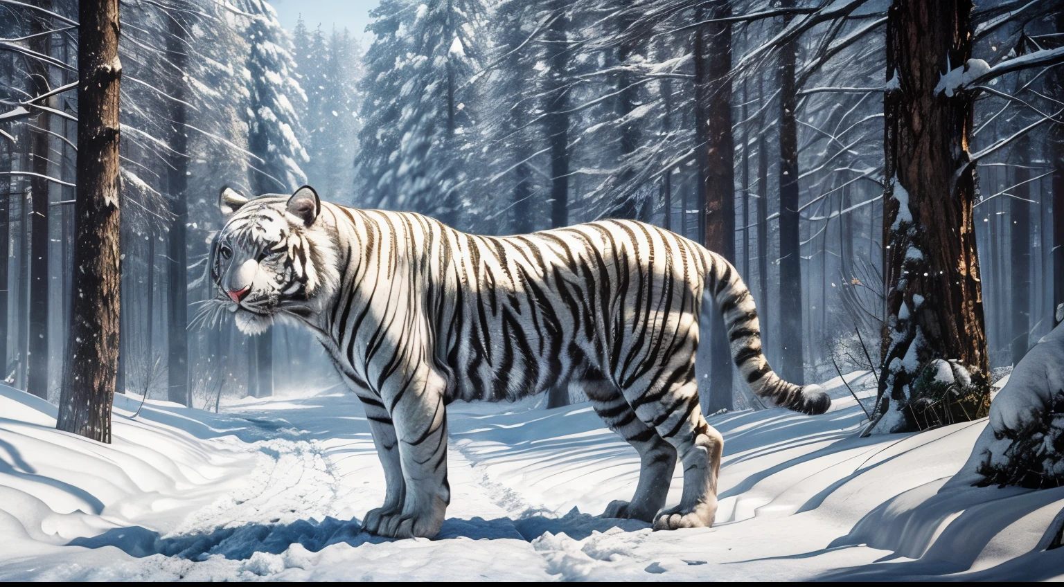 white tiger in a snowy forest, full body shot