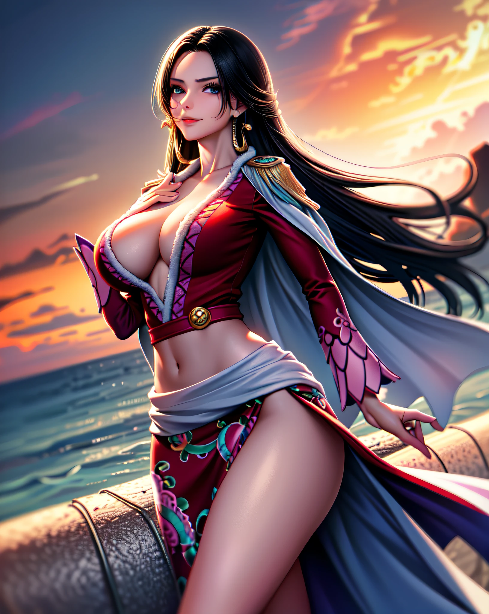 (masterpiece, best quality:1.2), cowboy shot, solo, 1girl, boa hancock, smile, looking at viewer, hand on , cape, epaulettes, cleavage, jewelry, earrings, midriff ,, official art, extremely detailed CG unity 8k wallpaper, perfect lighting, (masterpiece:1.0),(best_quality:1.0), ultra high res,4K,ultra-detailed, photography, 8K, HDR, highres, absurdres:1.2, Kodak portra 400, blurry background, bokeh:1.2, lens flare, (vibrant_color:1.2),(beautiful_face:1.5),(narrow_waist),(perfect hands, perfect ), very , very wide , slim waist, curvy, on a pirate ship at sea