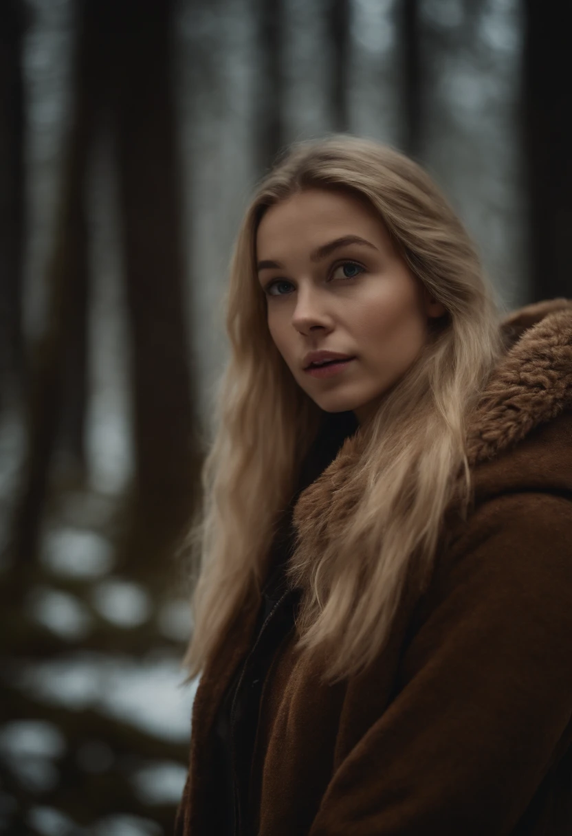 Blonde girl in the cold forest，Next to it is a brown bear.