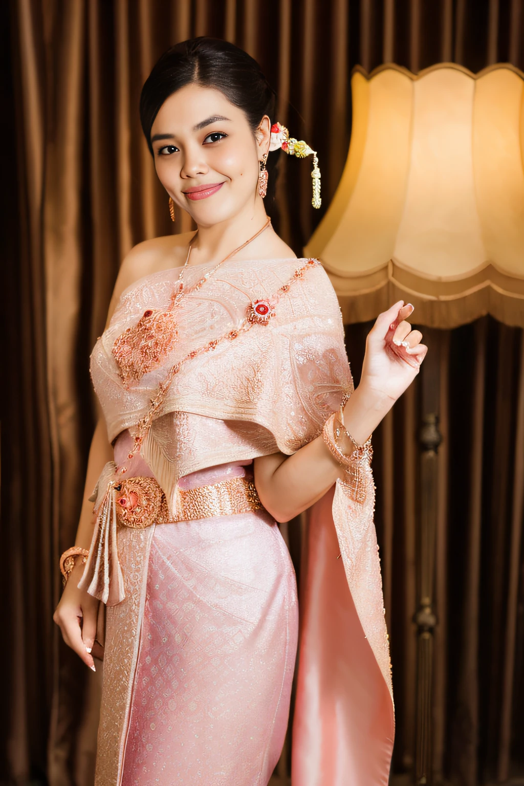 arafed woman in a pink dress holding a pink umbrella, sukhothai costume, in style of thawan duchanee, traditional beauty, wearing an ornate outfit, traditional dress, south east asian with long, pink lotus queen, wearing ornate silk clothes, traditional clothes, wearing traditional garb, wearing ornate clothing, traditional clothing, wearing pink floral chiton