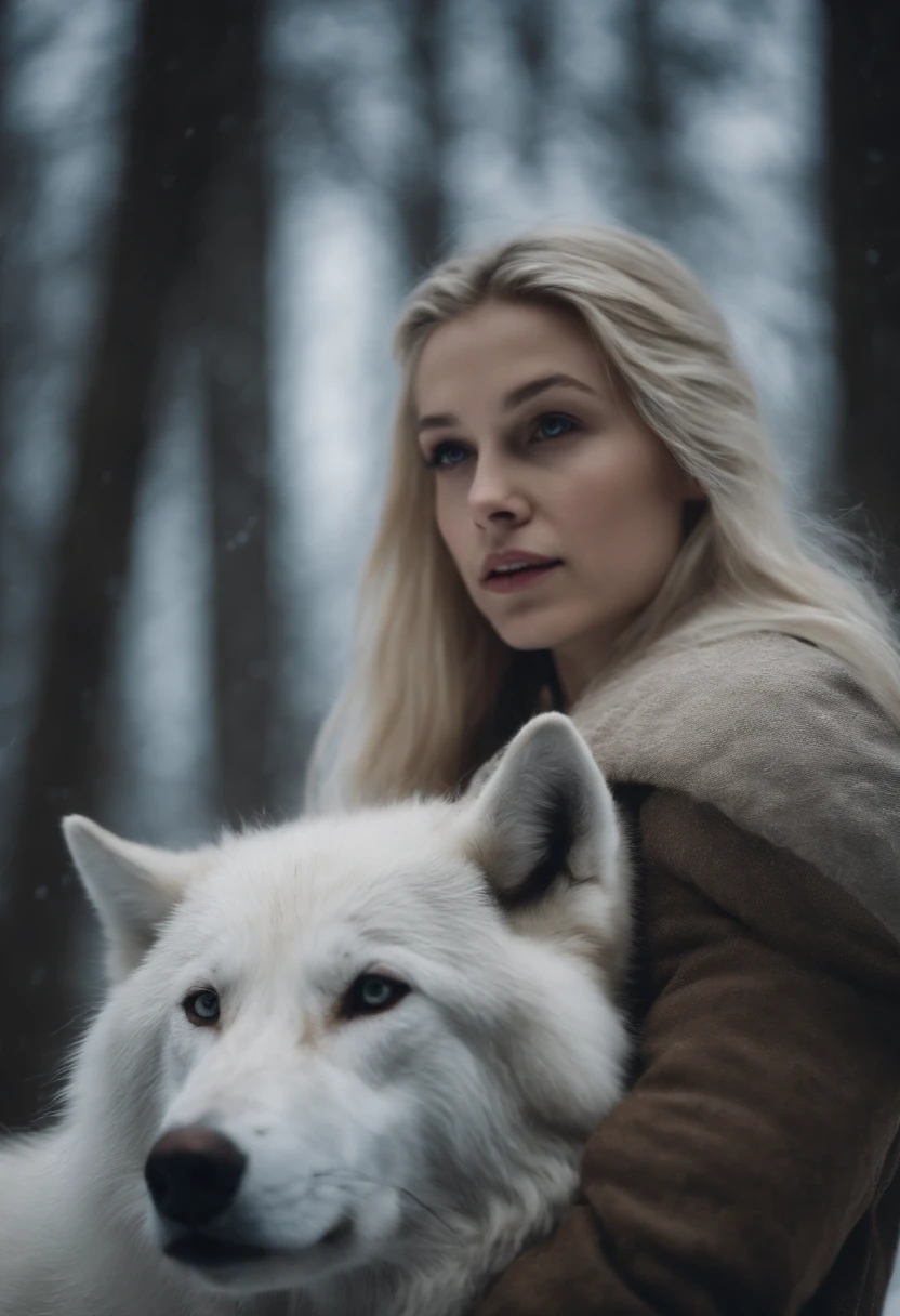 Blonde girl in the cold forest，Next to it is a snow-white wolf