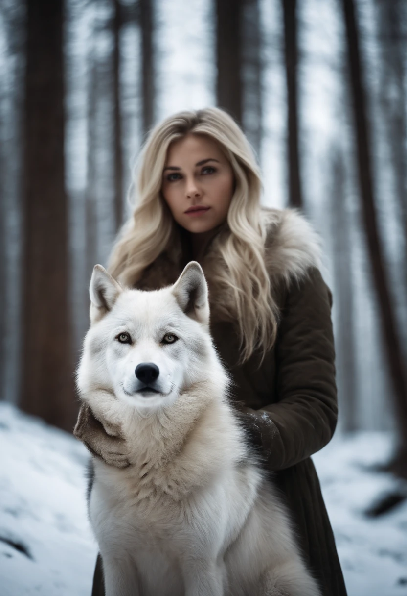 Blonde girl in the cold forest,Next to it is a snow-white wolf