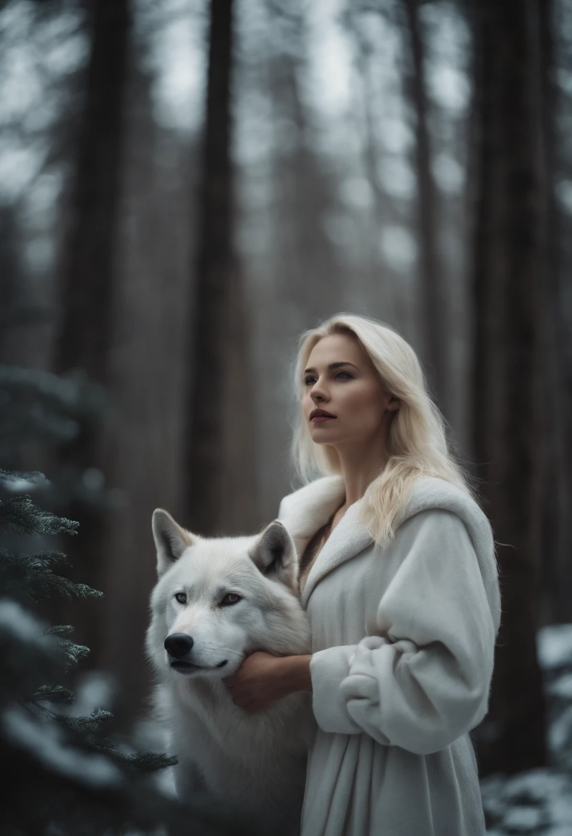 Blonde girl in the cold forest,Next to it is a snow-white wolf