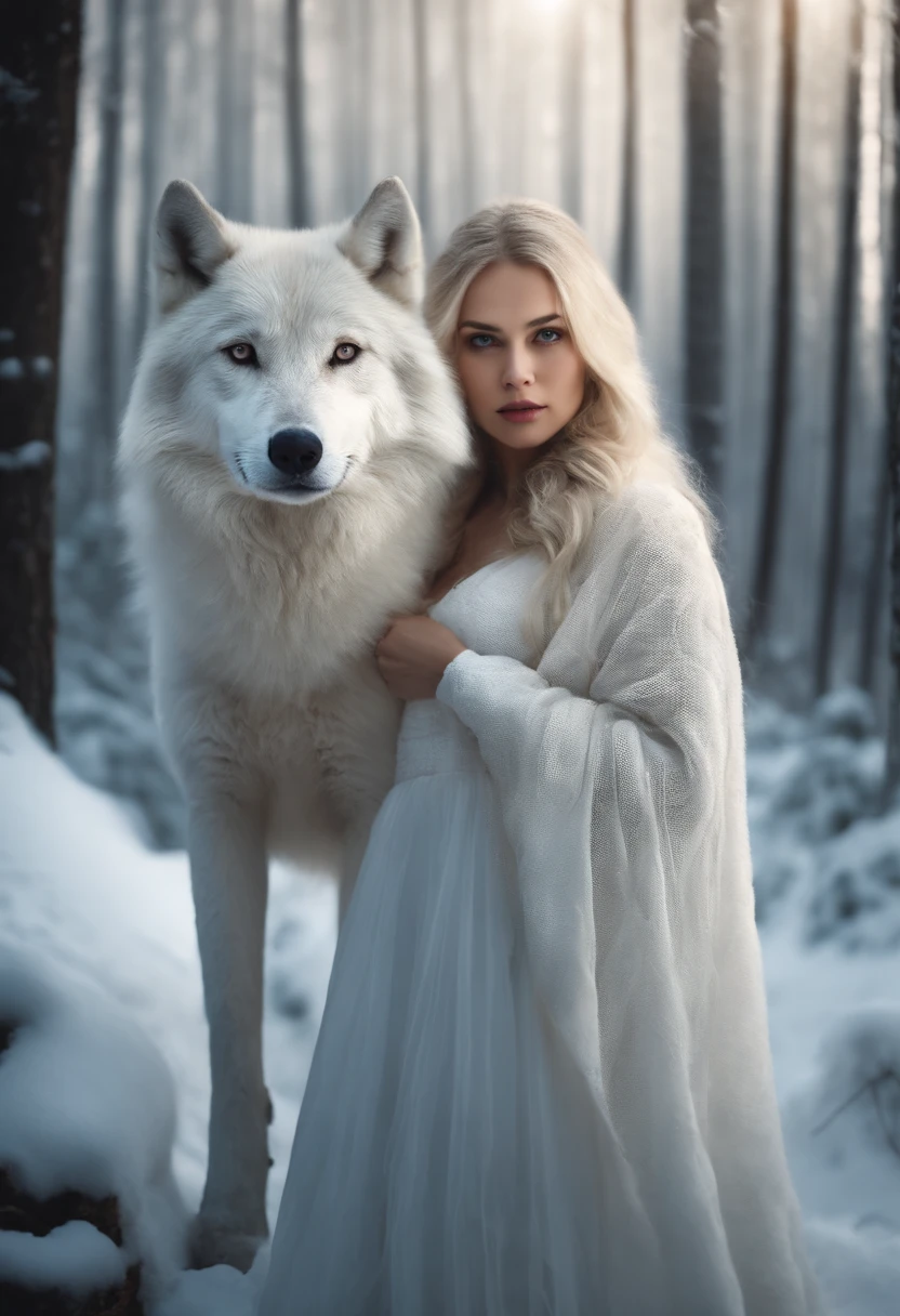 Blonde girl in the cold forest，Next to it is a snow-white wolf