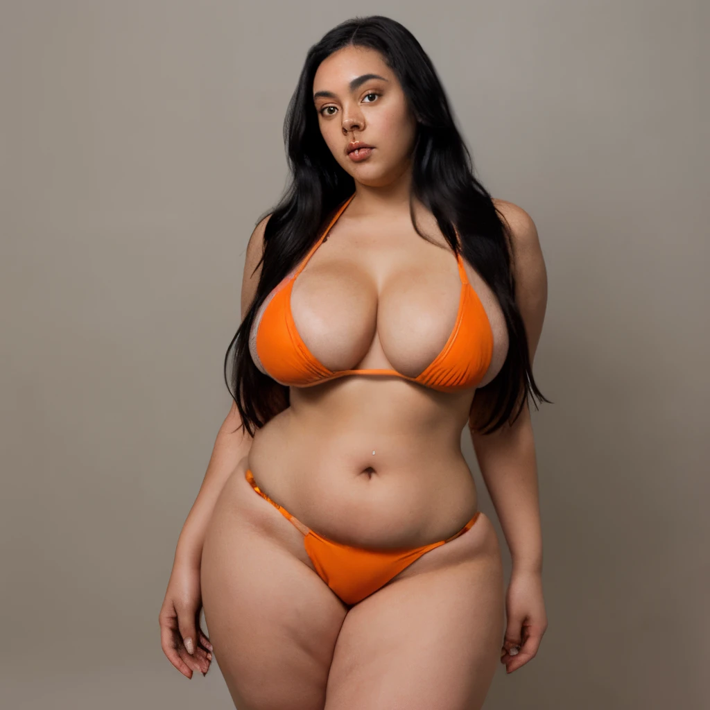 Dark-skinned plus-size woman with long black hair, gigantic breasts, thick thighs, wearing orange bikini