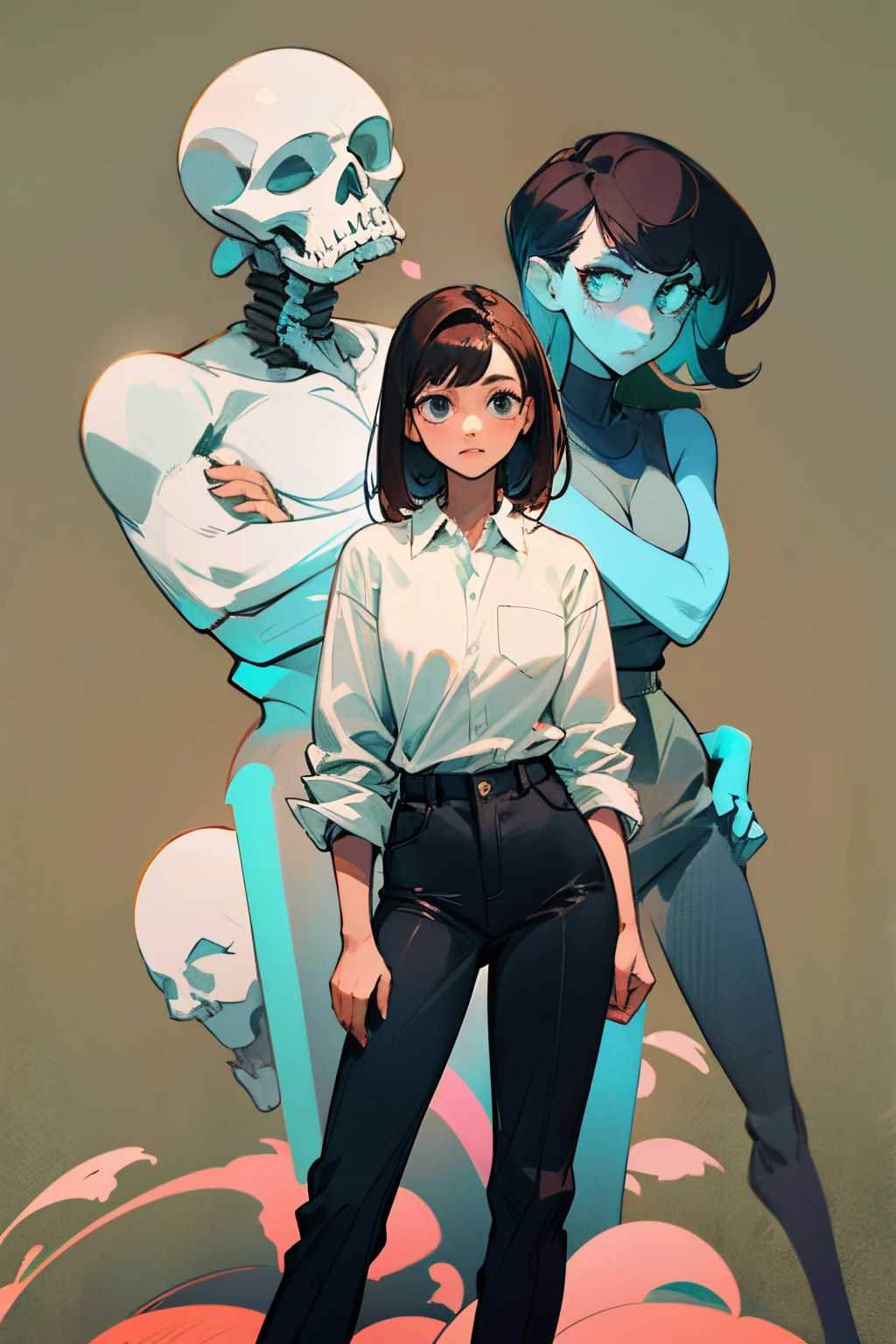 adult woman with dark hair, in black trousers, wearing white shirt, is looking at the camera, stands upright